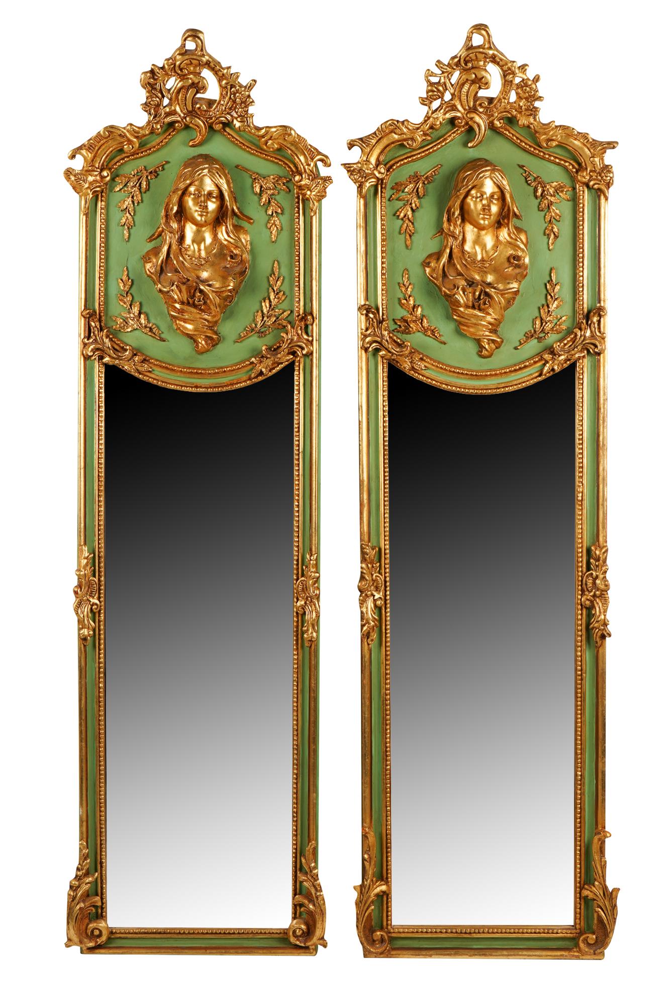 TWO GREEN-PAINTED & GILT CARVED TRUMEAU MIRRORS (1 of 9)