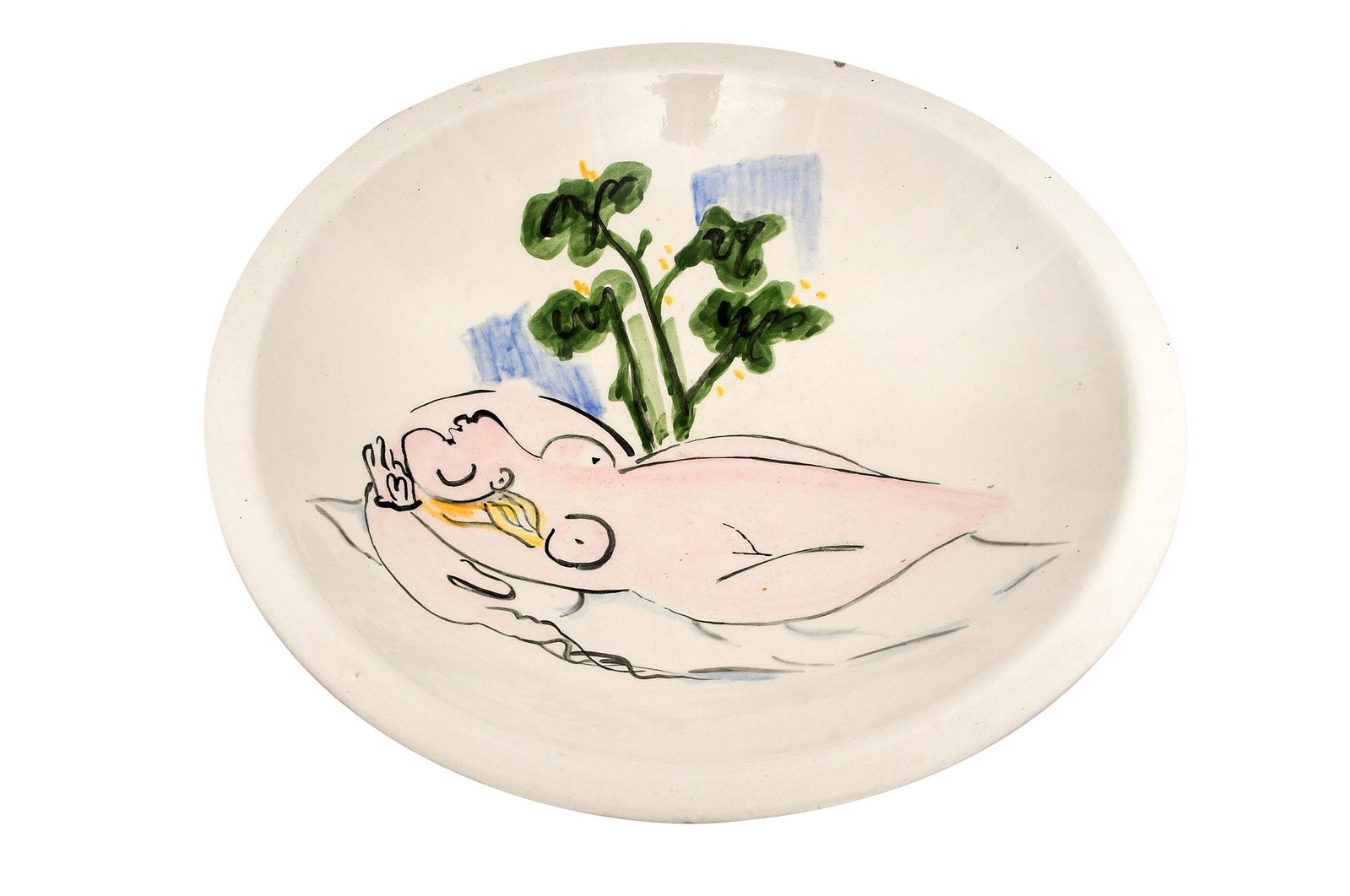 ABSTRACT CERAMIC FOOTED CENTERBOWL: 20th century glazed ceramic depicting a reclining woman beneath trees unsigned Provenance: The Estate of Penny Marshall Condition: with chips to base and one chip on edge of rim 17 inches diameter; 5 