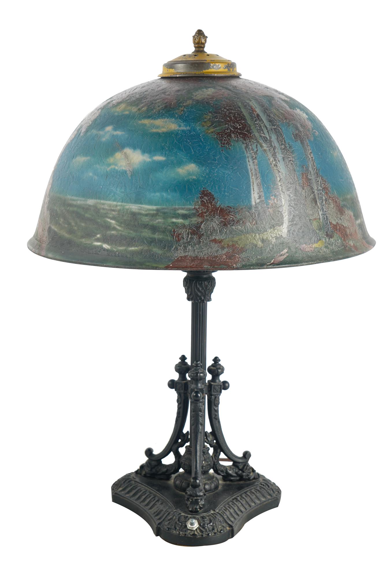 HANDEL STYLE REVERSE-PAINTED GLASS & EBONIZED METAL (1 of 8)