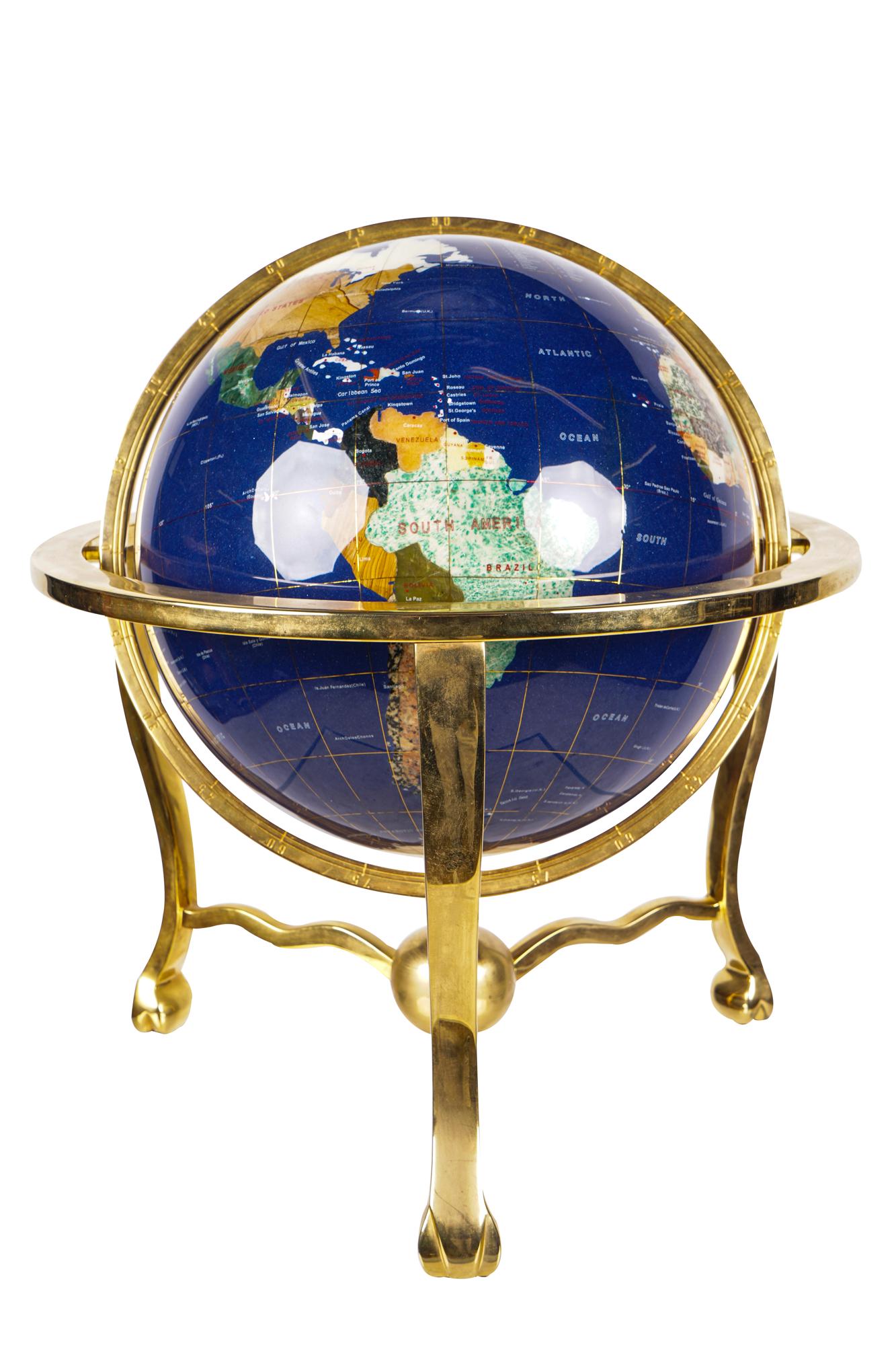 SPECIMEN STONE-INSET GLOBE: on a brass stand overall: 17 inches wide; 19 inches high