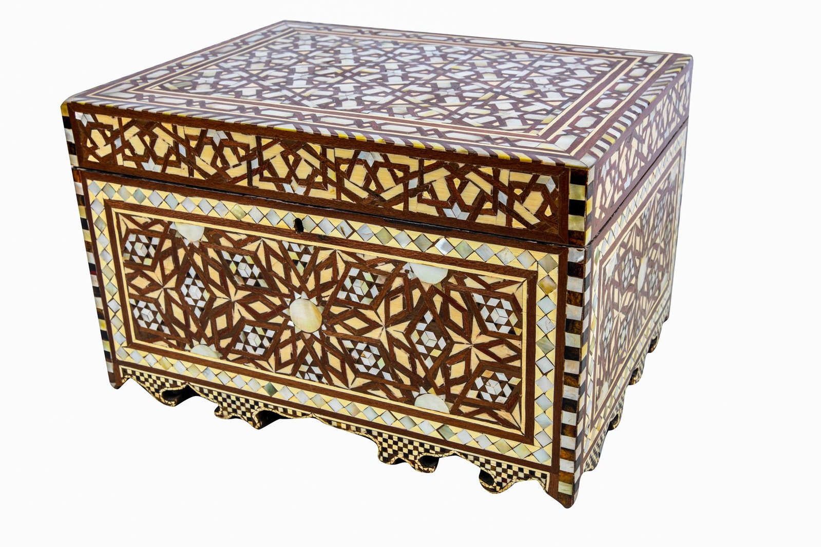 MOORISH STYLE BONE-INLAID TABLE BOX: the open interior lined with red velvet, with key 15 3/4 inches wide; 12 inches deep; 10 inches high
