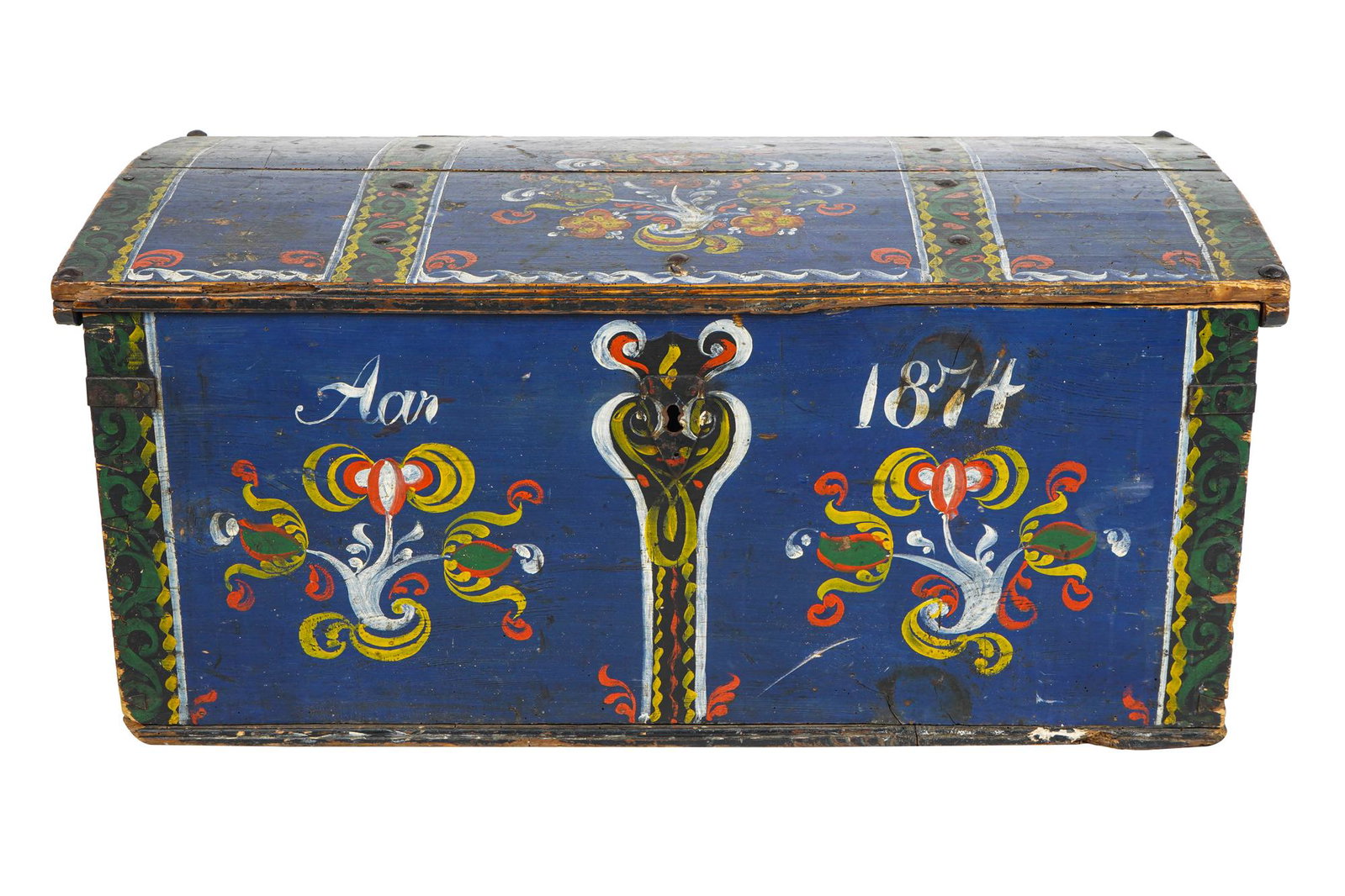 PAINTED WOOD TRUNK: inscribed to front: 'Aar 1874', with iron hardware, the interior fitted with a raised, lidded compartment Condition: with area of back left missing; paint loss, nicks, and scratches throughout 38 3/4 