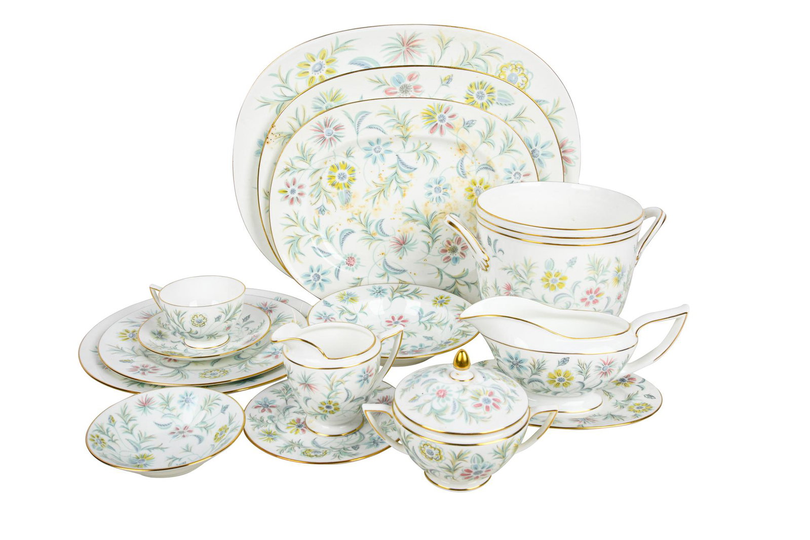 MINTONS PORCELAIN DINNER SERVICE: Vanessa pattern a service for 12; comprising dinner plates (10 1/2"), salad plates (9"), soup plates (8"), bread plates (6 1/4"), finger bowls (5 1/4"), cups & saucers, covered sugarbowl & creamer, wi