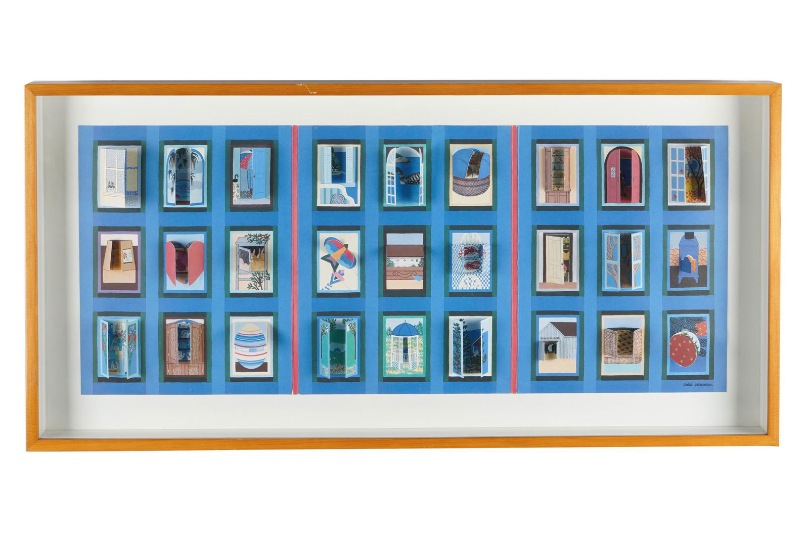 NIKKI SCHUMANN: COLLAGE: with pop-out windows 13 1/2 x 33 inches sheet; 19 x 39 inches frame