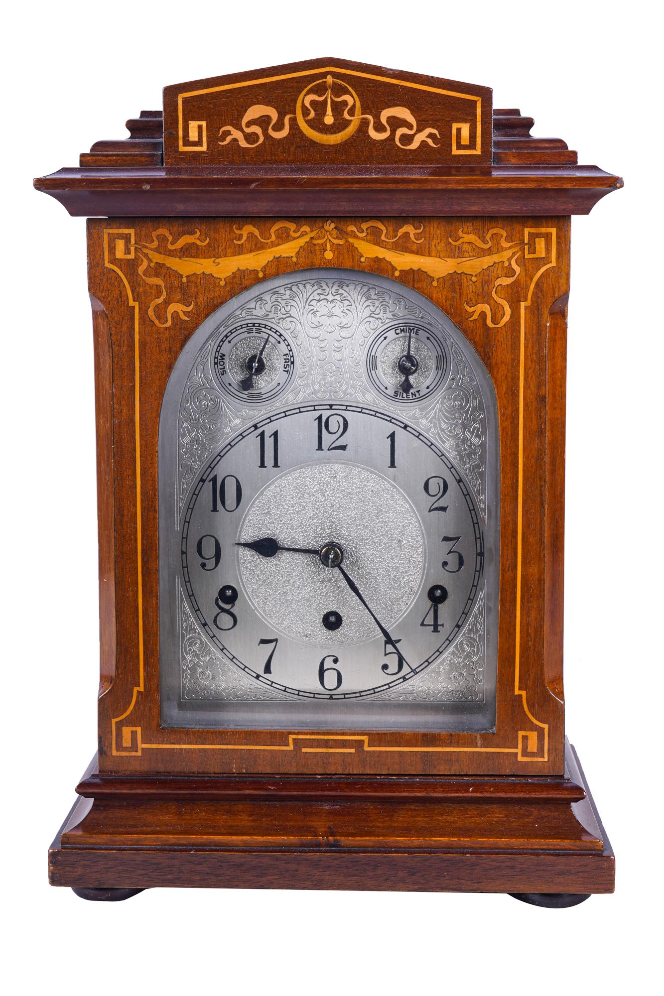 EDWARDIAN INLAID MAHOGANY MANTEL CLOCK (1 of 8)