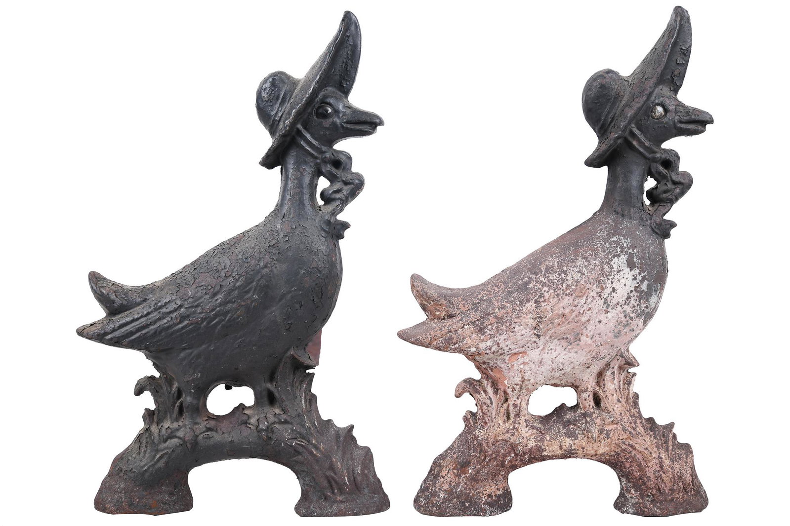 PAIR OF MOTHER GOOSE ANDIRONS: early 20th Century cast iron Provenance: The Estate of Penny Marshall Condition: with rust and heavy loss to paint throughout 11 inches wide; 22 inches deep; 15 inches high