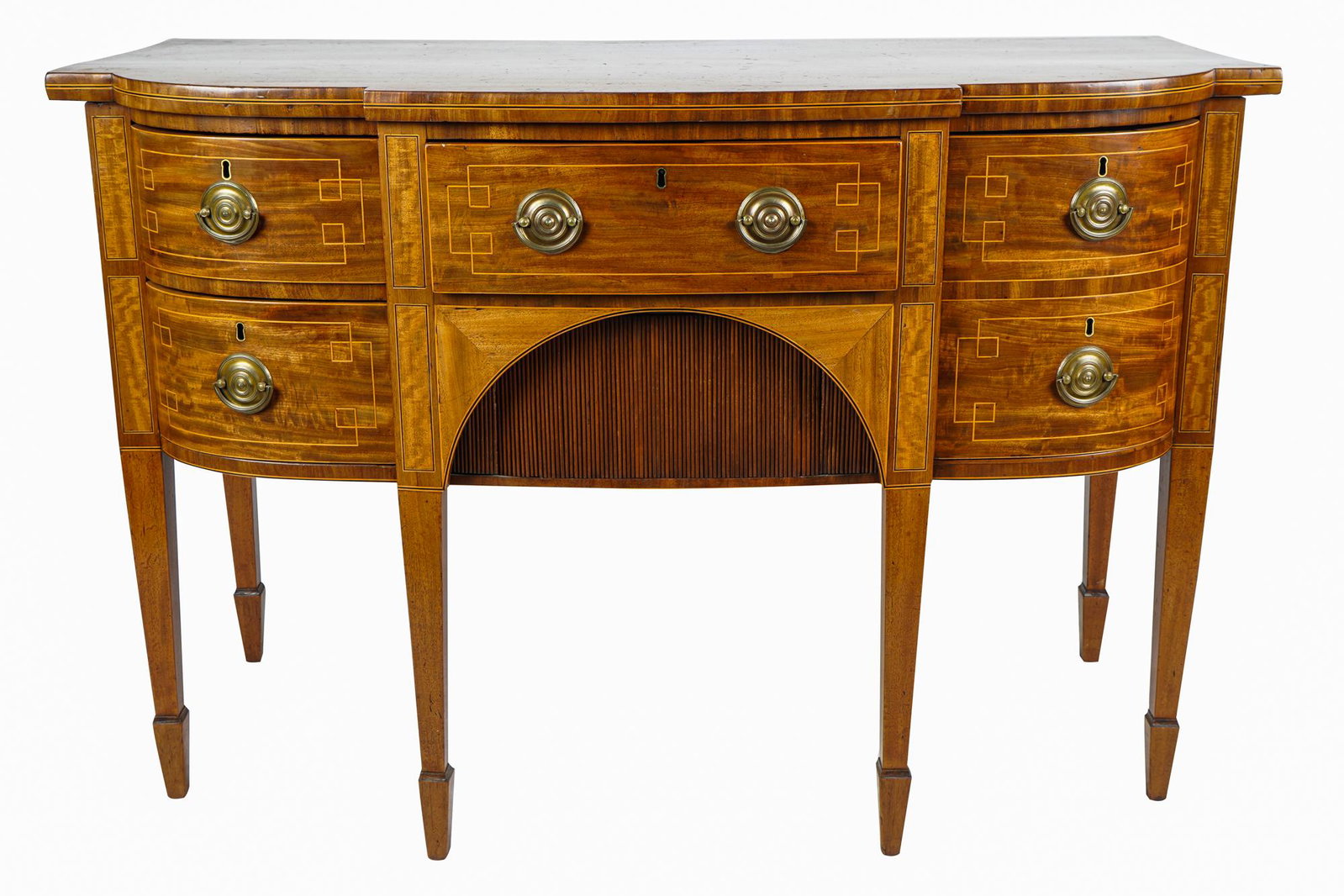GEORGE III-STYLE INLAID MAHOGANY SIDEBOARD: with a breakfront top over a tambour-front sliding door, with two short drawers on the left and a single drawer disguised as two drawers on the right Condition: with general surface scratches, nicks, 