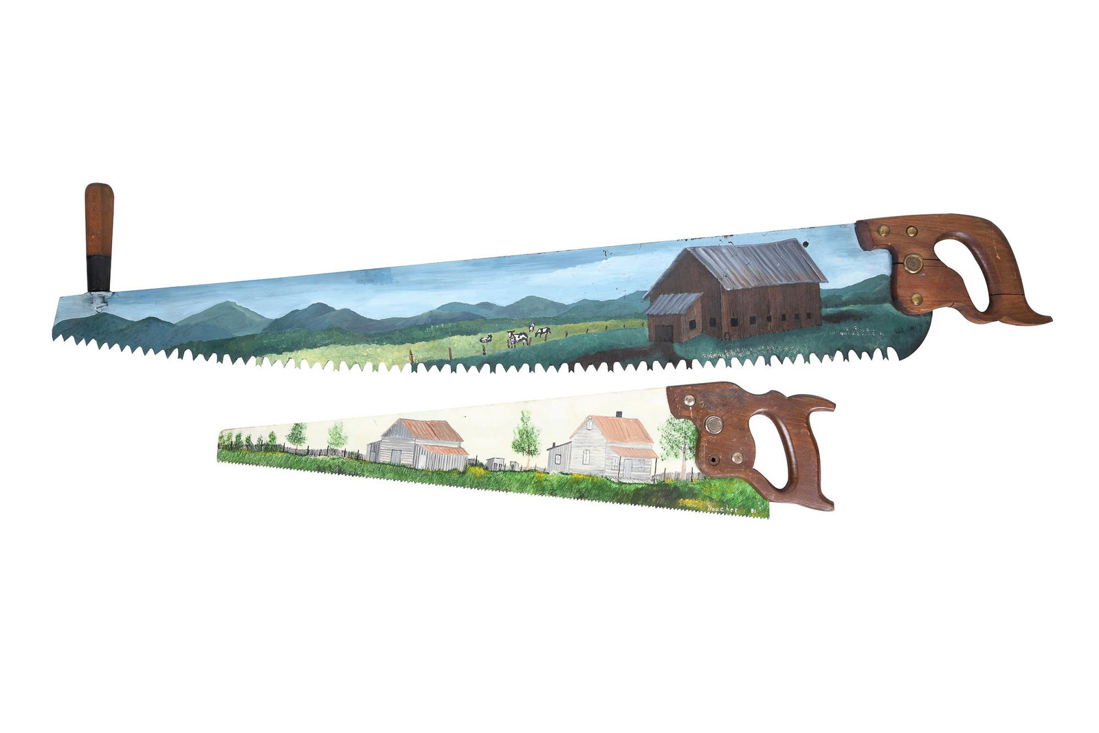 TWO PAINTED FOLK ART SAWS: including: one circa 1981, depicting a rural house and barn, signed Boucher; the other: circa 1991, depicting a barn with cows in a field, signed Val Provenance: The Estate of Penny Marshall Condition