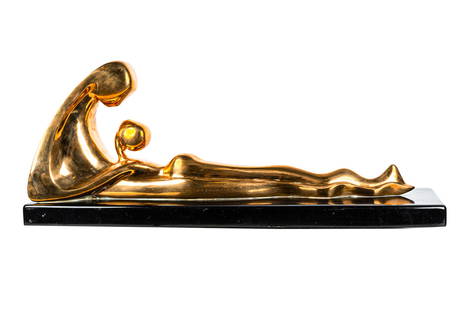 GEORGES CHARPENTIER (B. 1937):  RECLINING WOMAN: polished bronze with gold patina signed 'G. Charpentier E.A.' Provenance: Estate of Donald Simon, the son of Norton Simon, purchased Oct. 8, 1986, Galerie Felix Vercel, Paris 11 1/2 x 31 inches