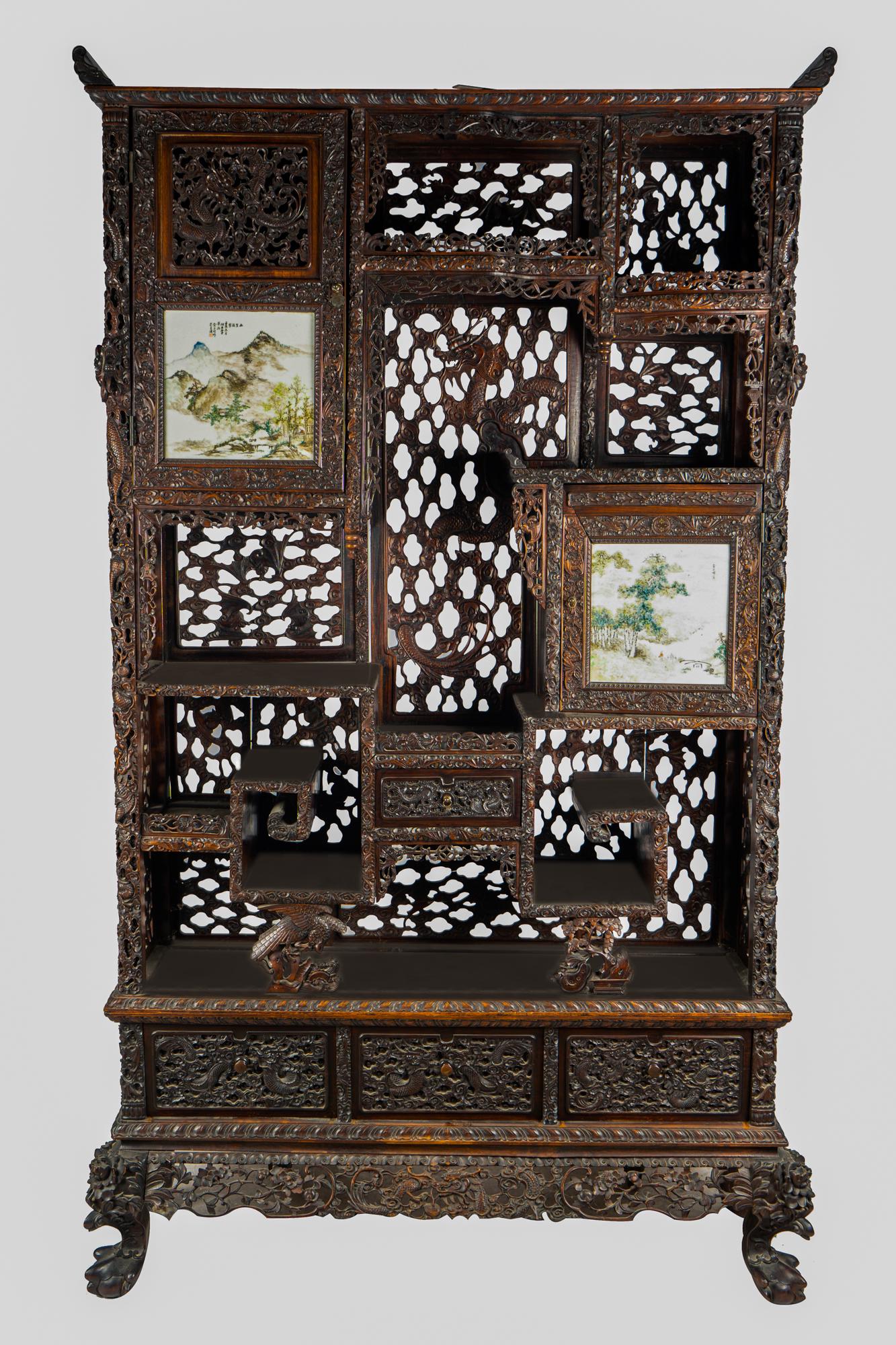 CHINESE CARVED HARDWOOD ETAGERE CABINET (1 of 14)