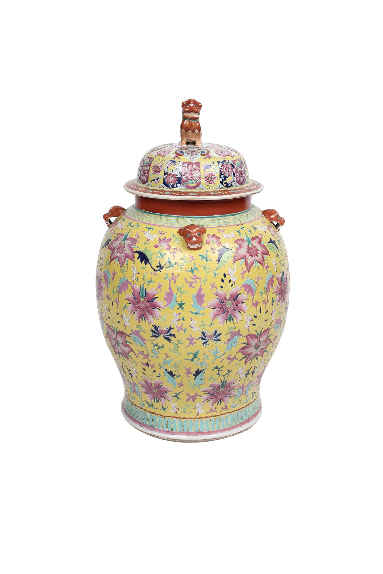 CHINESE PORCELAIN YELLOW-GROUND FAMILLE ROSE TEMPLE JAR (1 of 5)