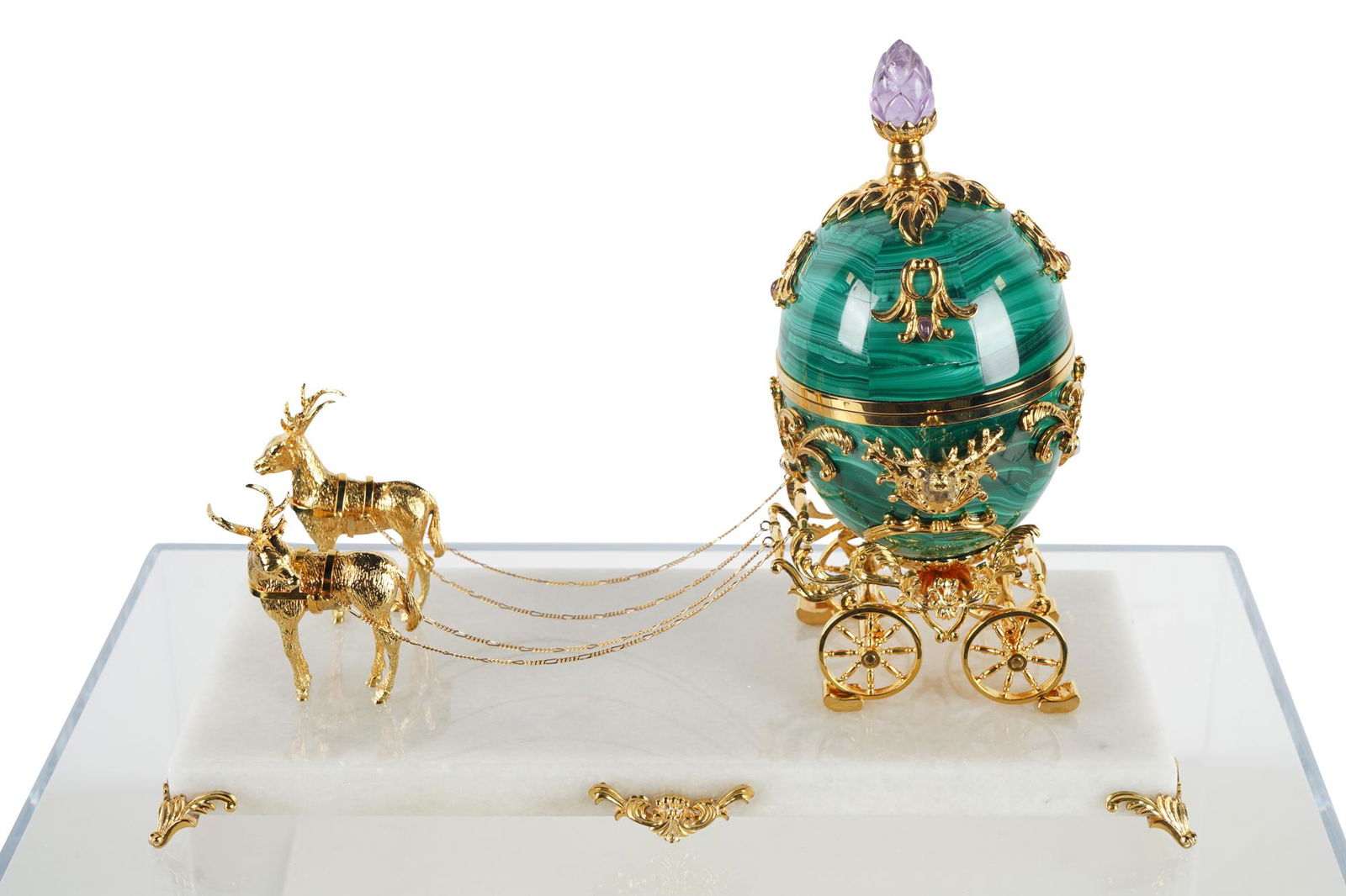 FABERGE MALACHITE & GILT STERLING COACH-FORM EGG (1 of 13)