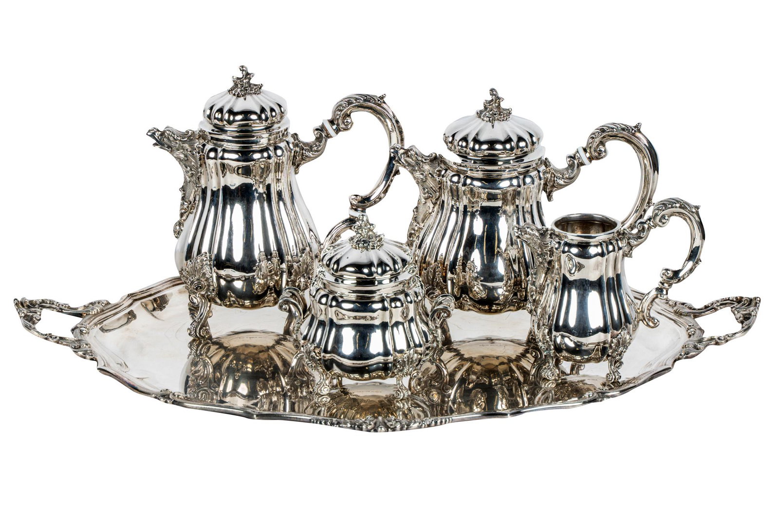 BUCCELLATI STERLING TEA & COFFEE SERVICE WITH TRAY: each piece marked 'BUCCELLATI STERLING MADE IN ITALY", comprising a teapot, a coffee pot, a creamer (each with griffin-form spout), a covered sugar bowl, and a tray [5 pieces] 200 troy ounces total gr