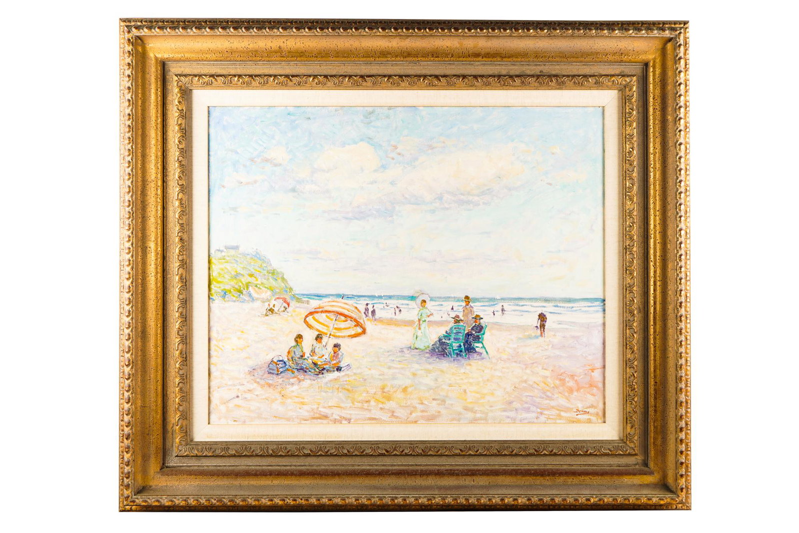 ROGER DENNIS (1902-1996): "DAY ON THE SAND": oil on canvas signed lower right 24 x 30 inches; frame: 36 x 42 1/2 inches