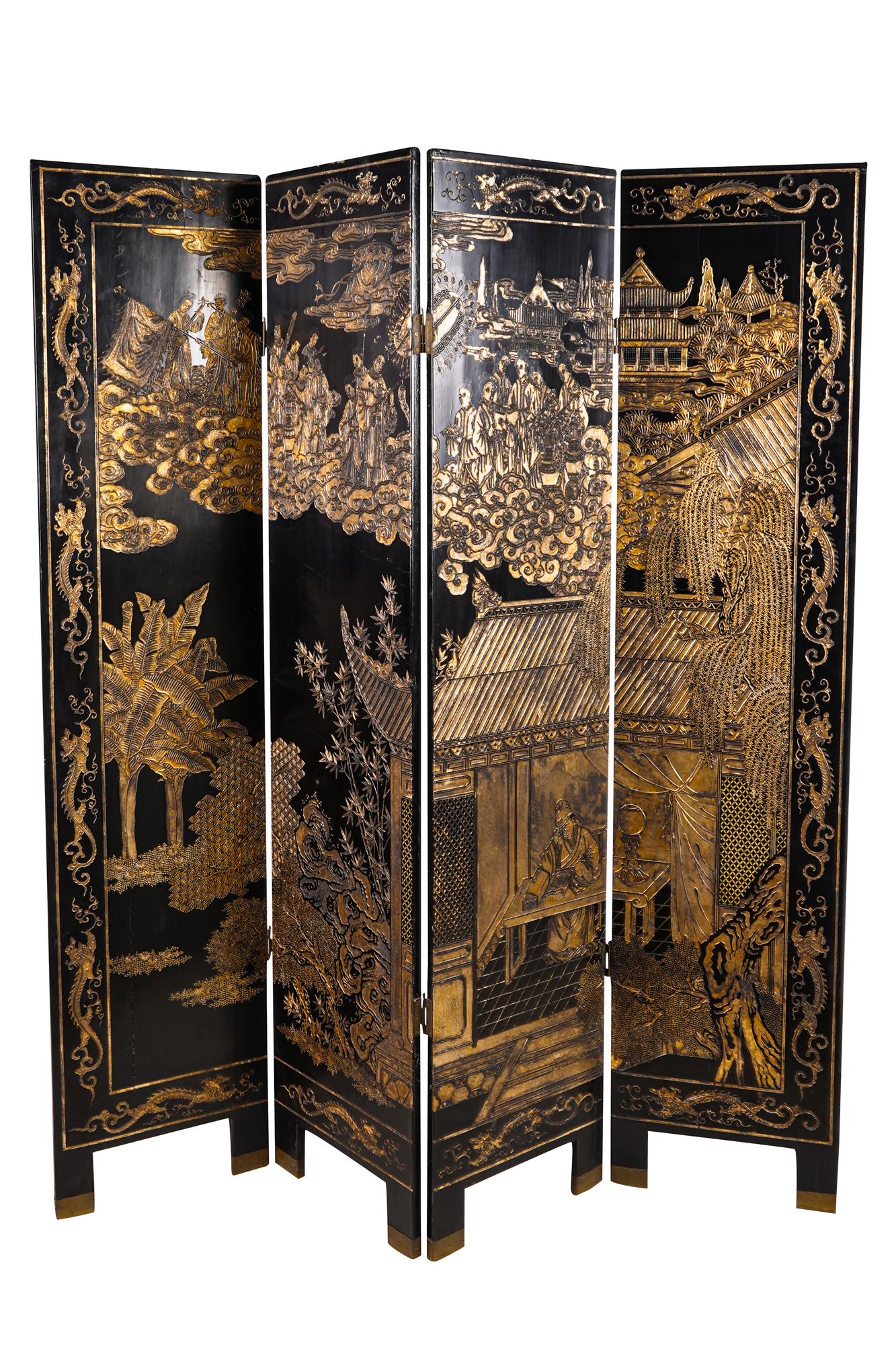 ASIAN LACQUERED FOUR-PANEL SCREEN (1 of 13)