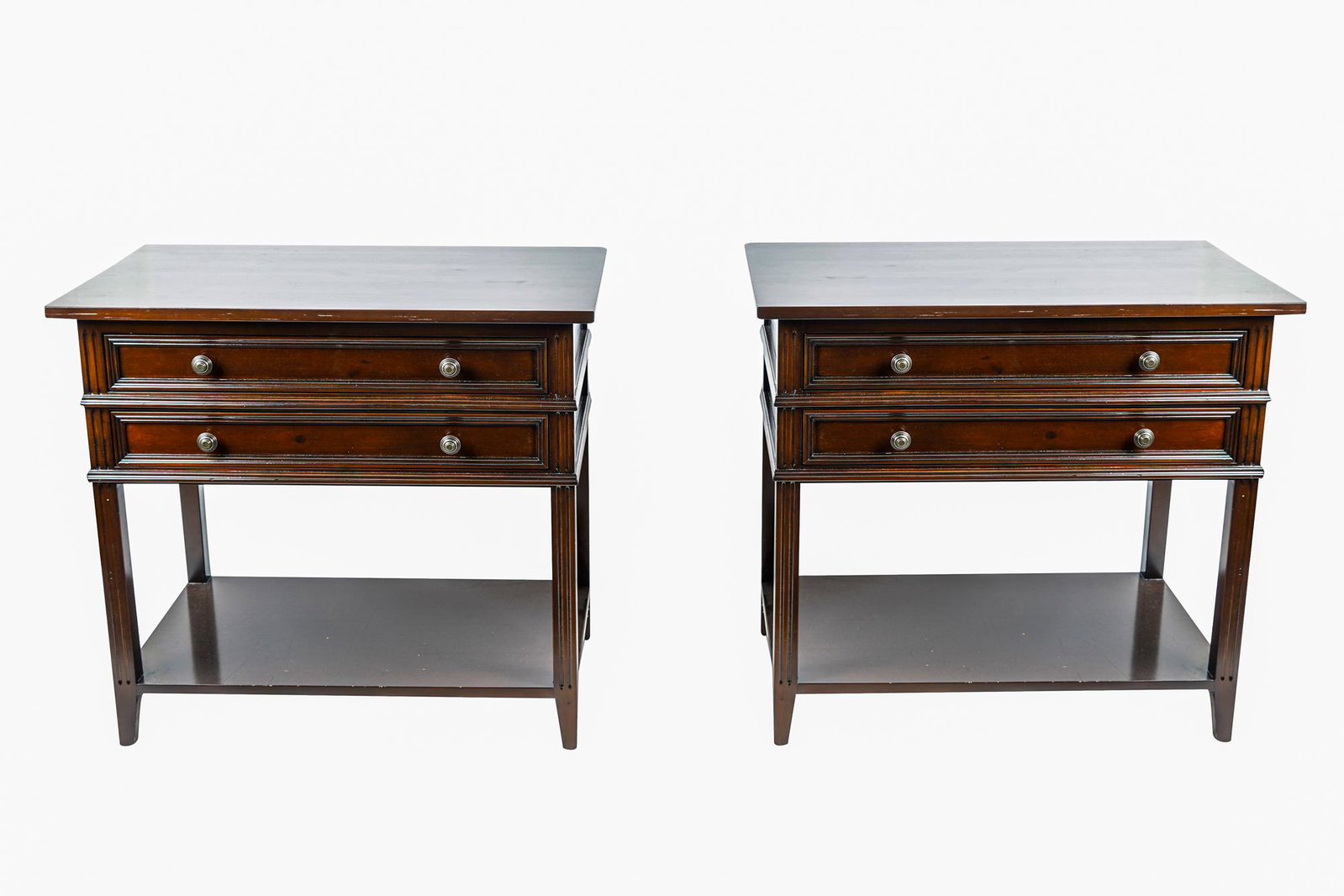 PAIR OF RESTORATION HARDWARE STAINED WOOD NIGHSTANDS: each with two drawers 34 inches wide; 20 inches deep; 32 inches high