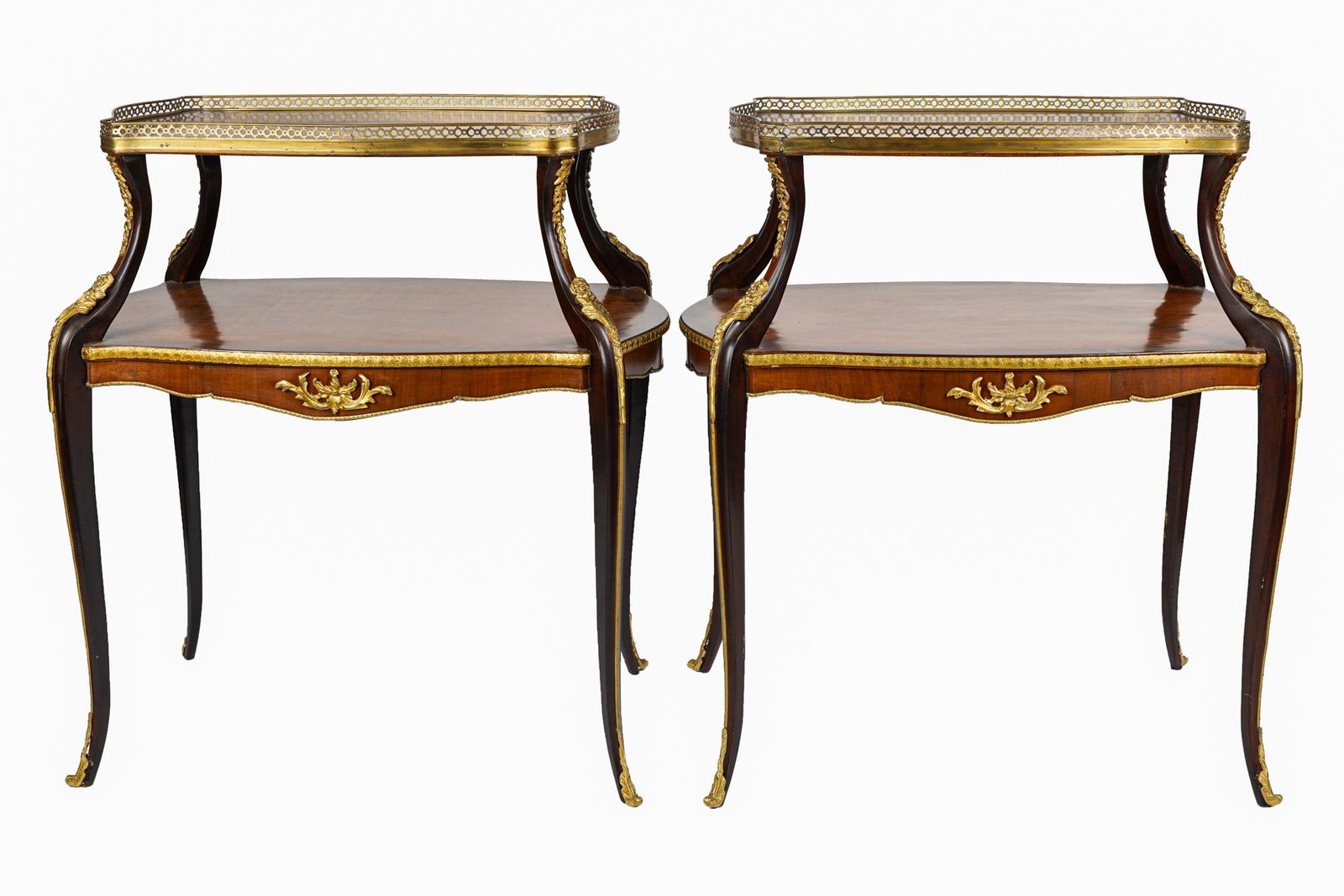 PAIR OF FRENCH STYLE TWO-TIER TEA TABLES: with gilt metal mounted hardware 32 inches wide; 21 1/2 inches deep; 35 inches high