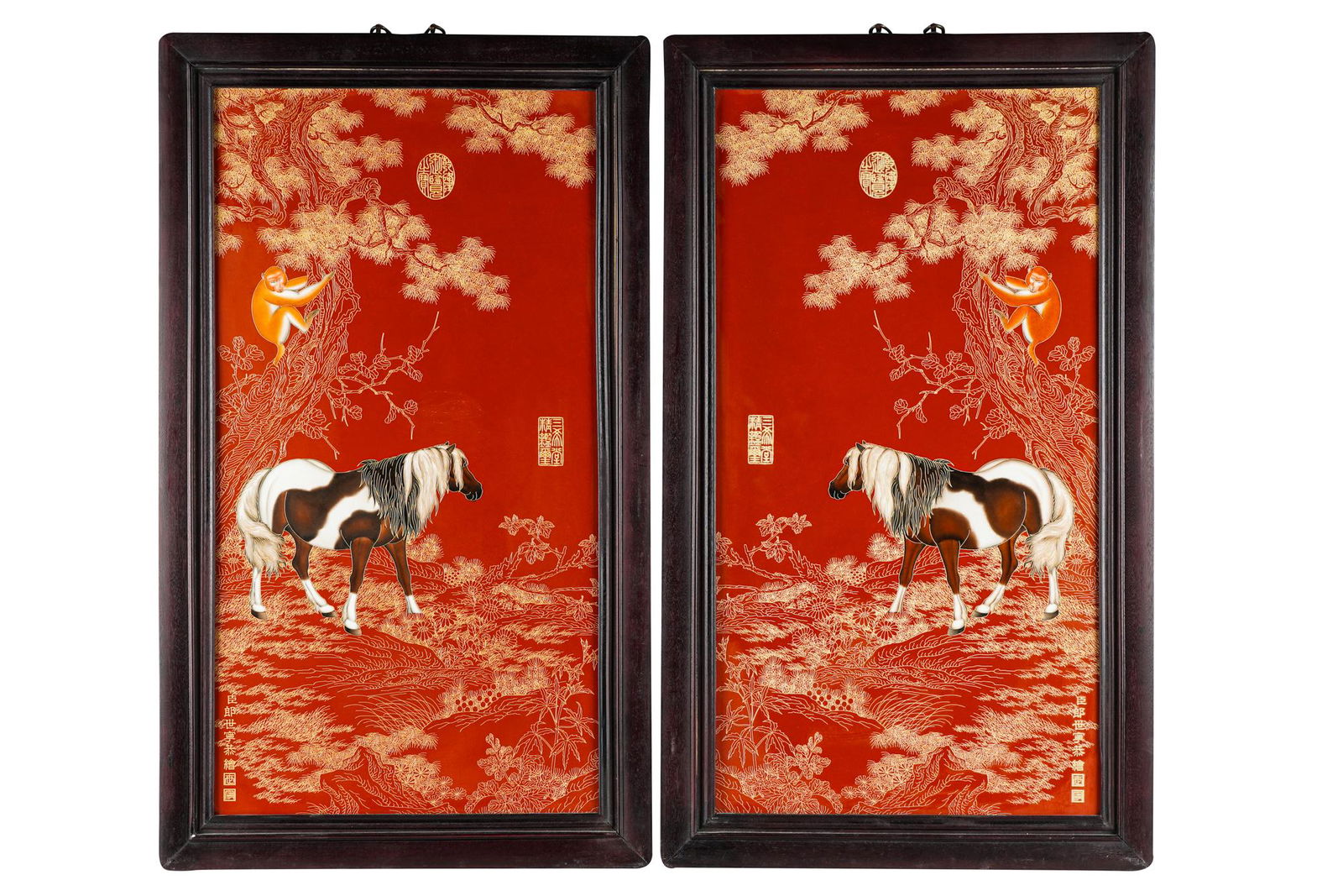 PAIR OF FRAMED CHINESE PORCELAIN PANELS WITH HORSES (1 of 10)