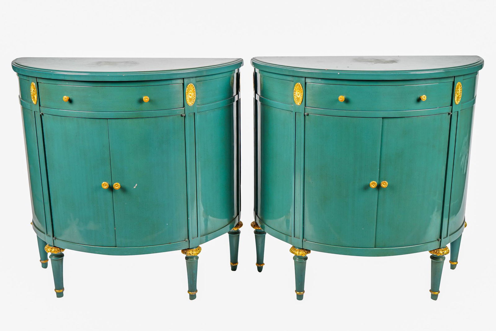 PAIR OF BLUE PAINTED & PARCEL GILT DEMI-LUNE CABINETS (1 of 8)