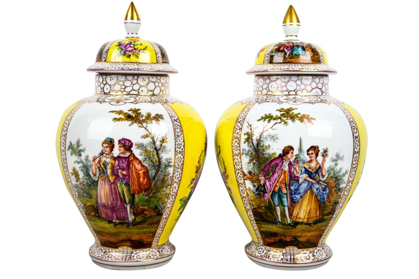 PAIR OF DRESDEN PORCELAIN COVERED URNS (1 of 10)