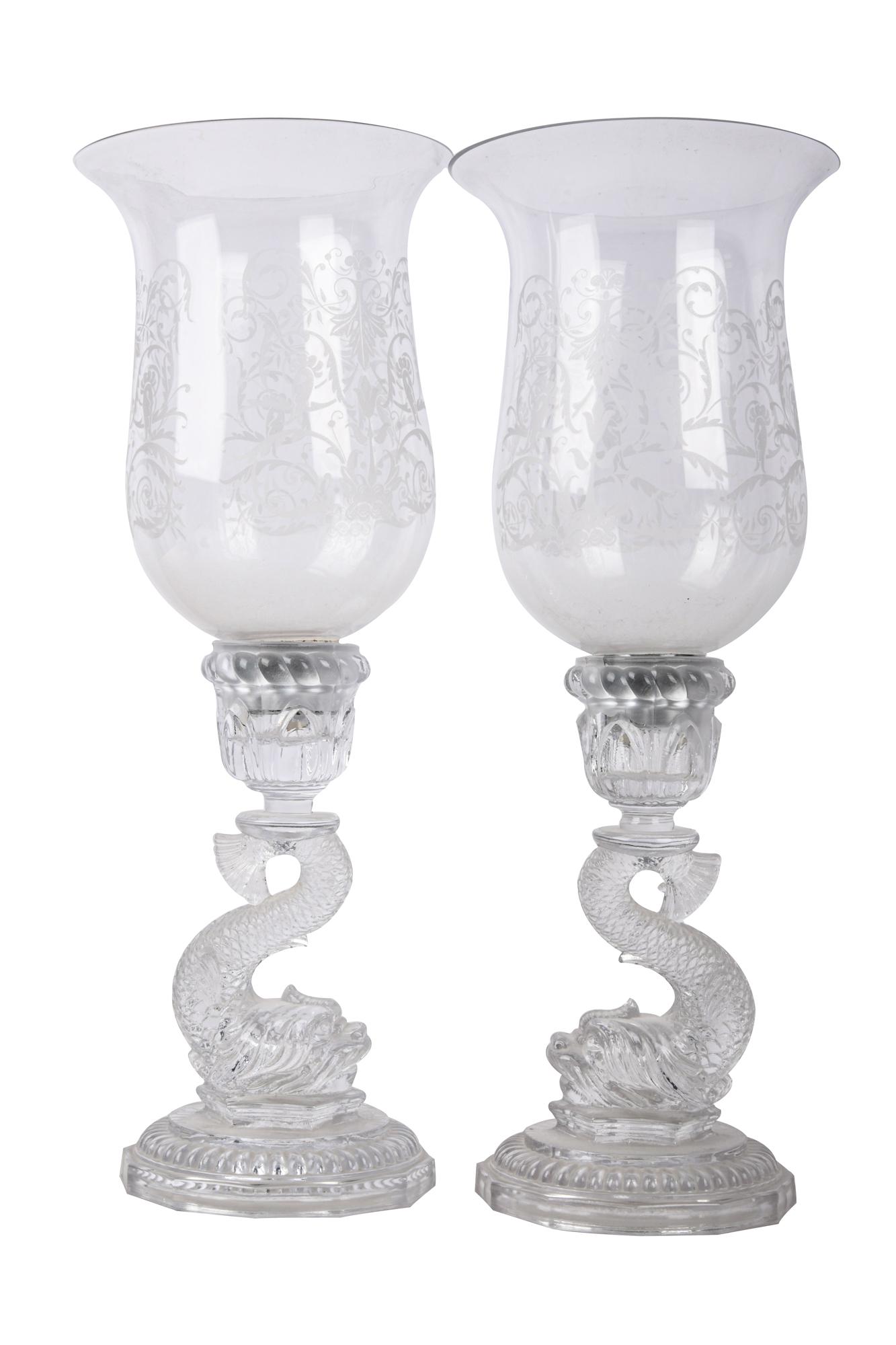 PAIR OF BACCARAT MOLDED GLASS HURRICANE CANDLESTICKS (1 of 8)