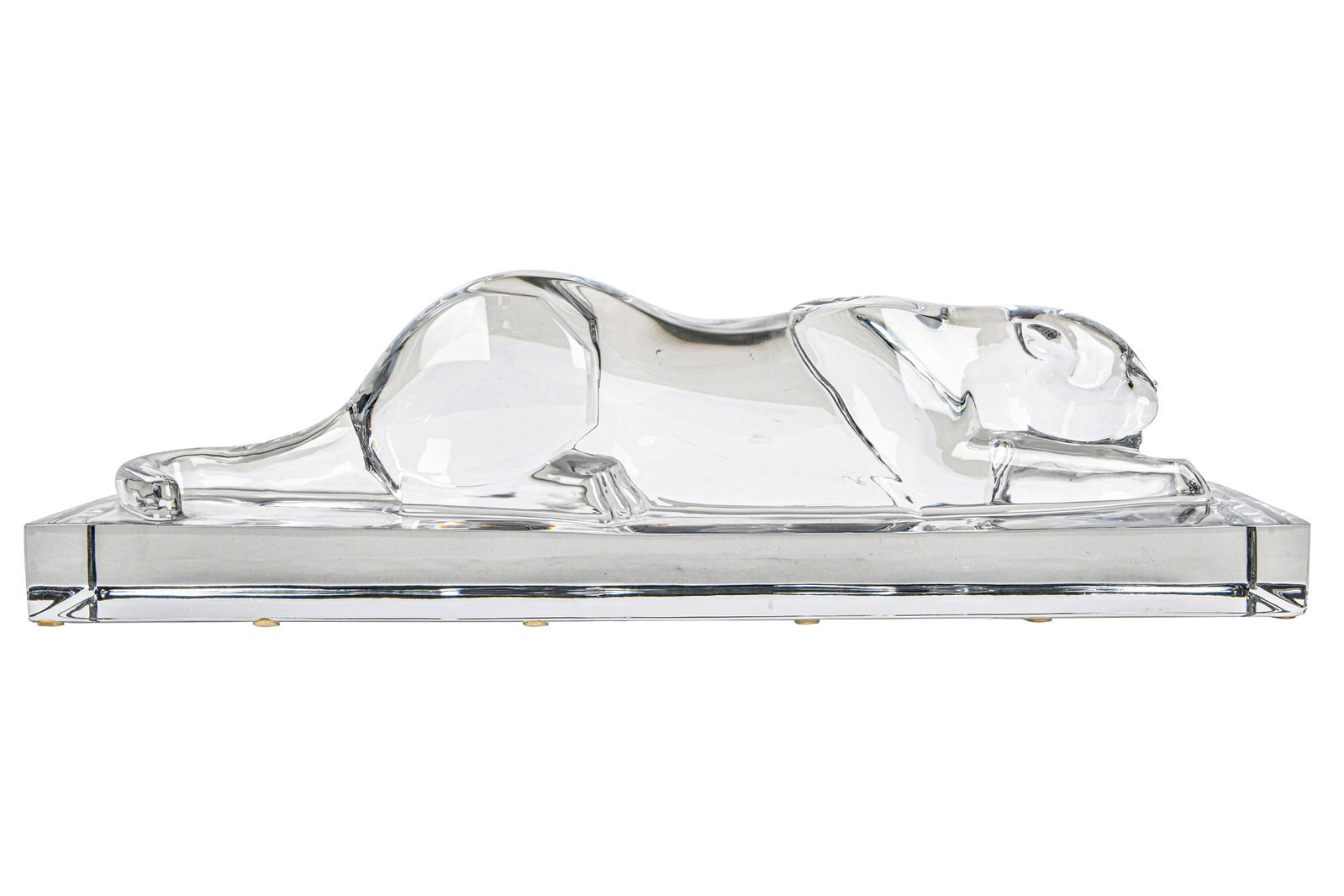 BACCARAT CROUCHING PANTHER: Condition: with felt pads to underside; no apparent cracks, chips, or repairs 20 1/4 inches wide; 4 3/4 inches wide; 5 1/2 inches high