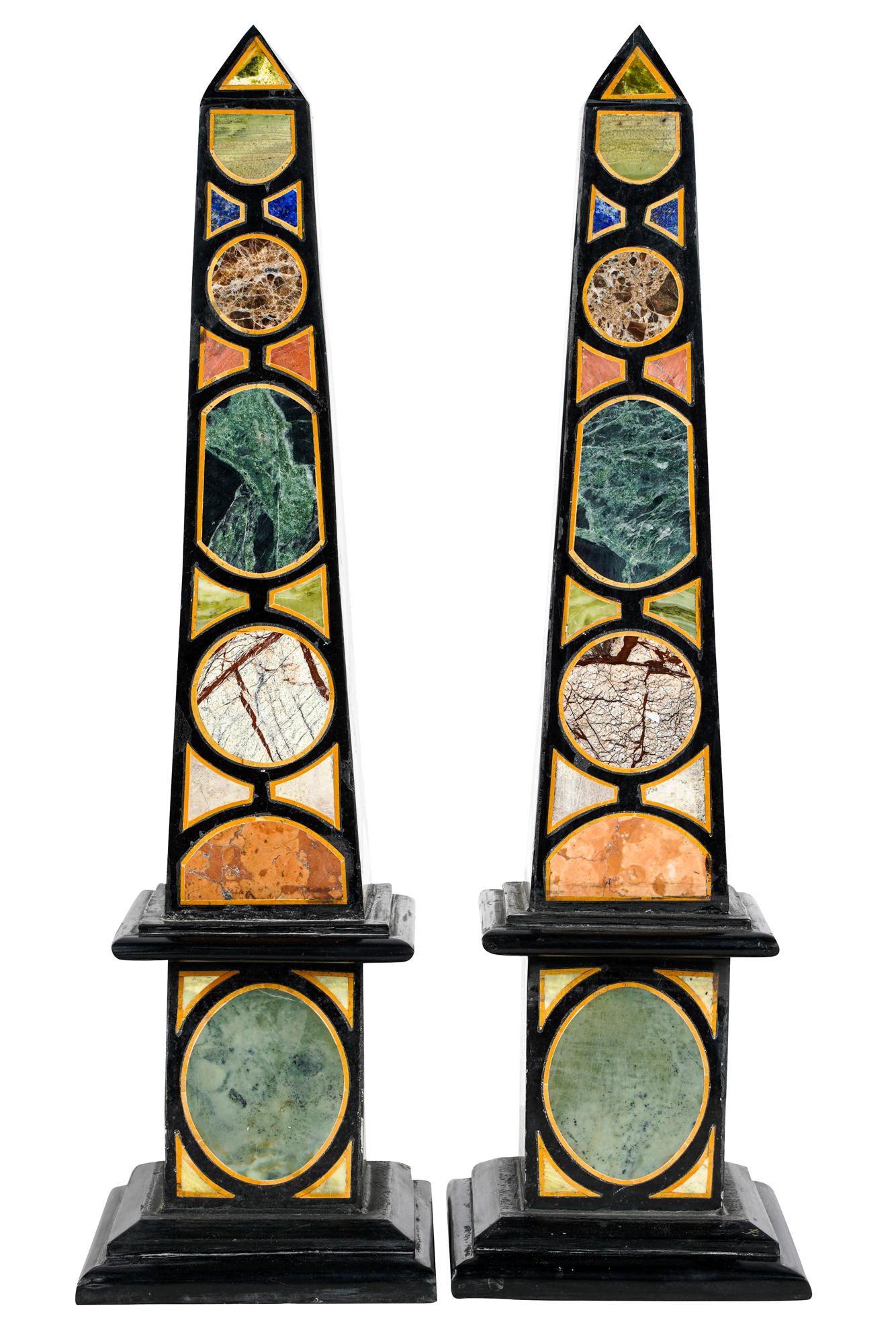 PAIR OF GRAND TOUR SPECIMEN MARBLE OBELISKS: Condition: with some small chips to edges 21 inches high