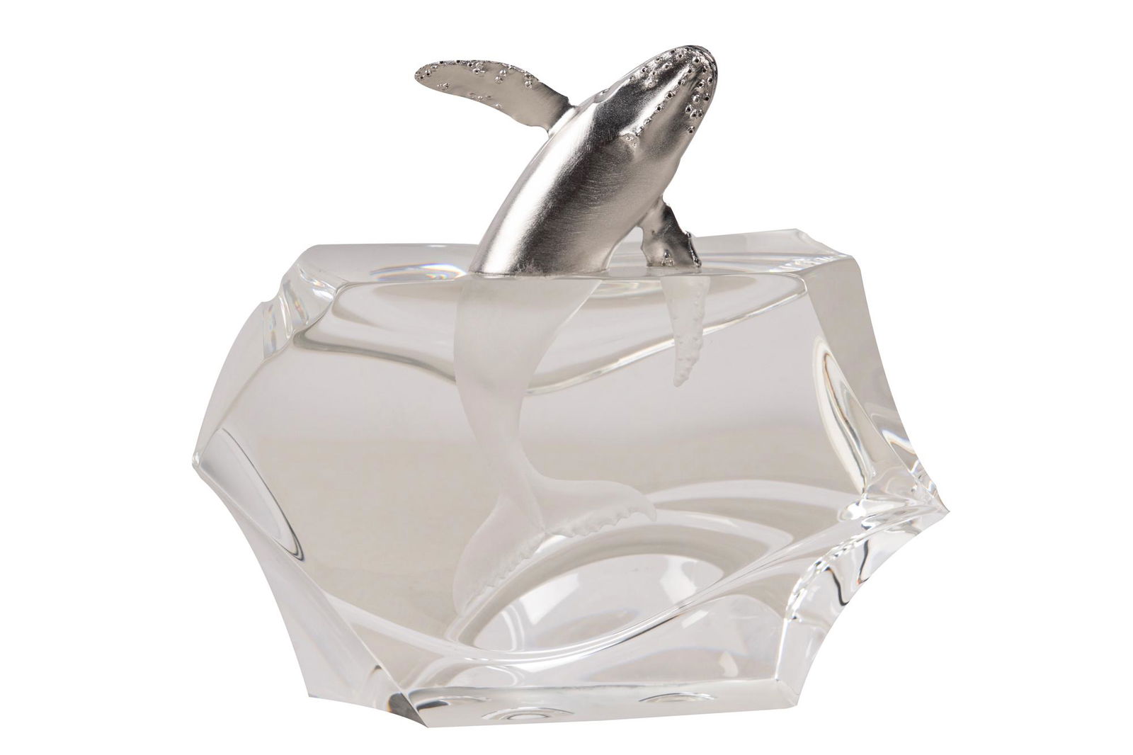 STEUBEN HUMPBACK WHALE BREACHING: with a sterling whale ed. 4/50 Condition: with box; sticker residue to base 6 1/2 inches wide; 5 3/4 inches high