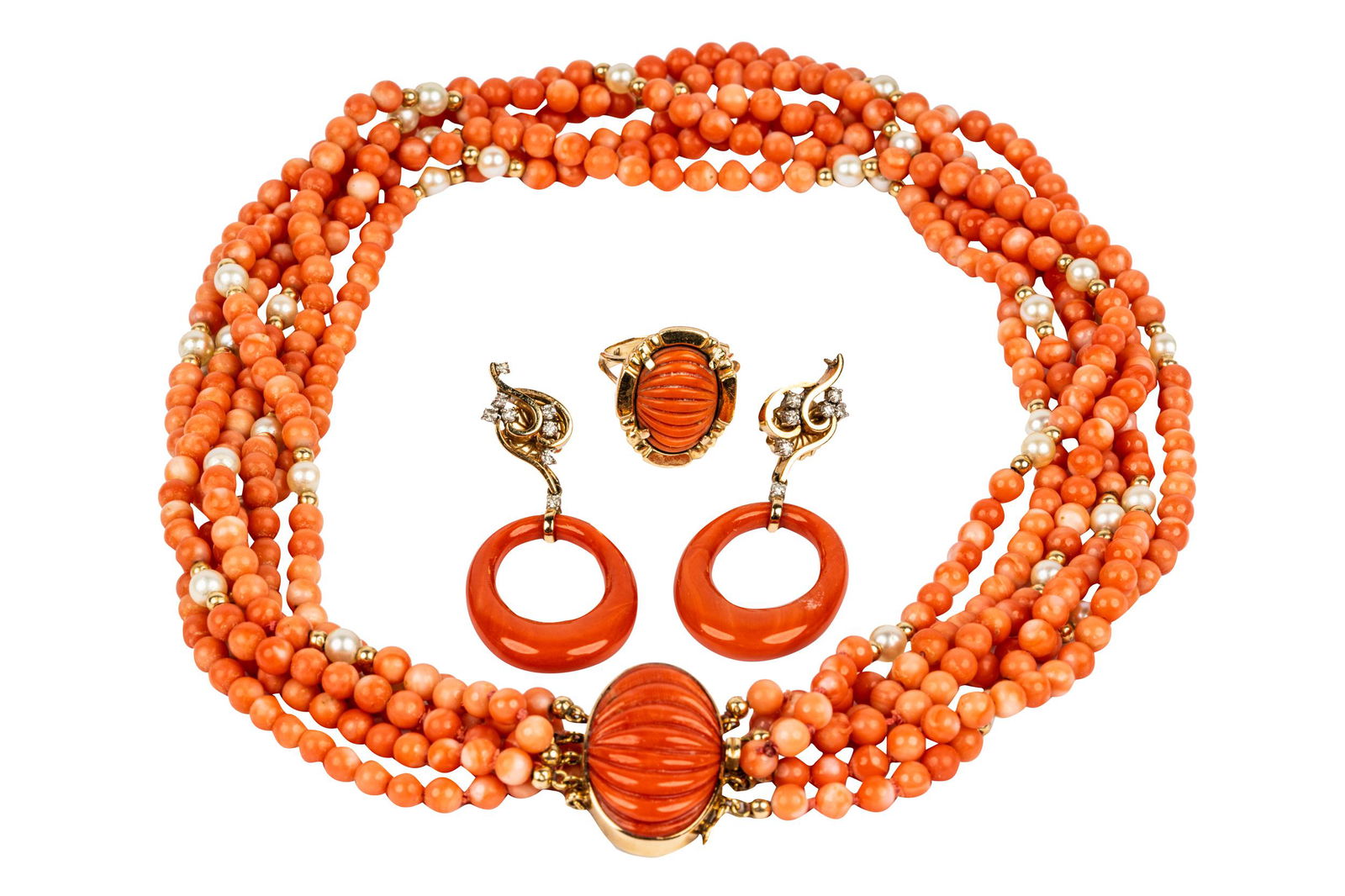 SUITE OF 14 KARAT YELLOW GOLD & CORAL JEWELRY (1 of 19)