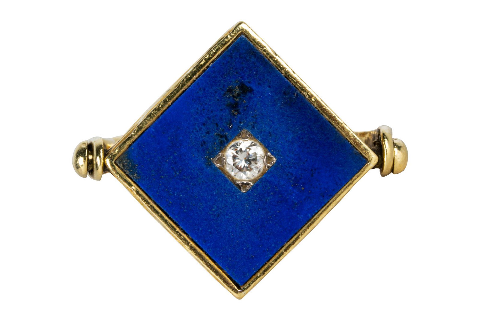 18 KARAT YELLOW GOLD, CORAL, LAPIS LAZULI, & DIAMOND: containing two old European cut diamonds [J/SI] weighing 0.36 carats total; one drilled square tablet cut natural coral at 15.80 x 15.50 x 2.80 mm; one drilled square tablet cut natural lapis lazuli a