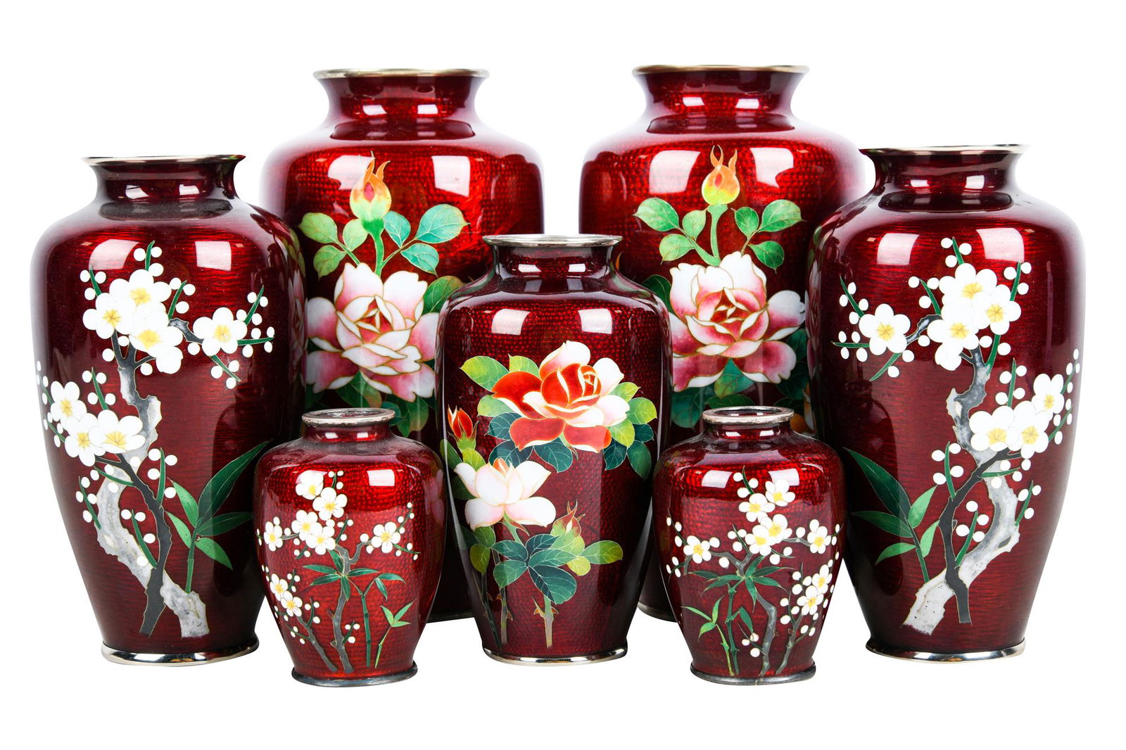 SET OF SEVEN RED ENAMEL CLOISONNE VASES (1 of 10)