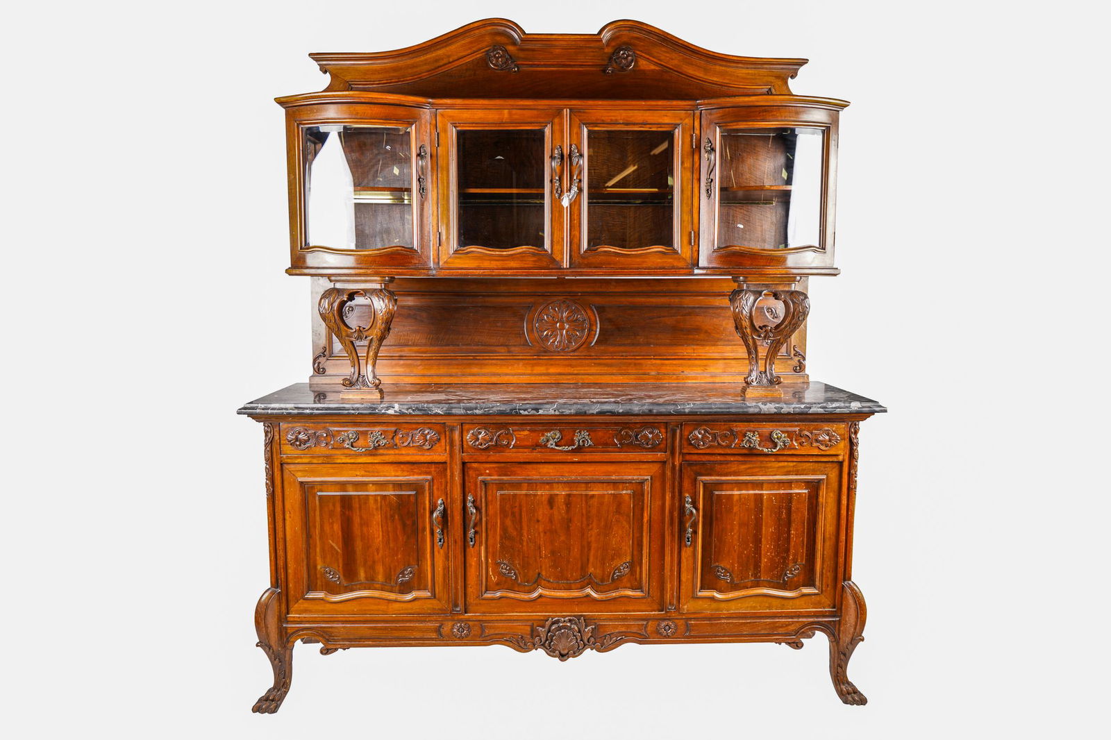 CARVED WALNUT & MARBLE TOP SIDE BOARD (1 of 13)