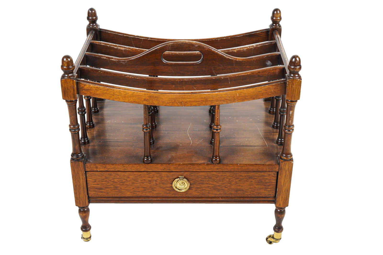 EDWARDIAN-STYLE MAHOGANY CANTERBURY: second half 20th Century with a single drawer 19 inches wide; 13 1/4 inches deep; 19 1/2 inches high
