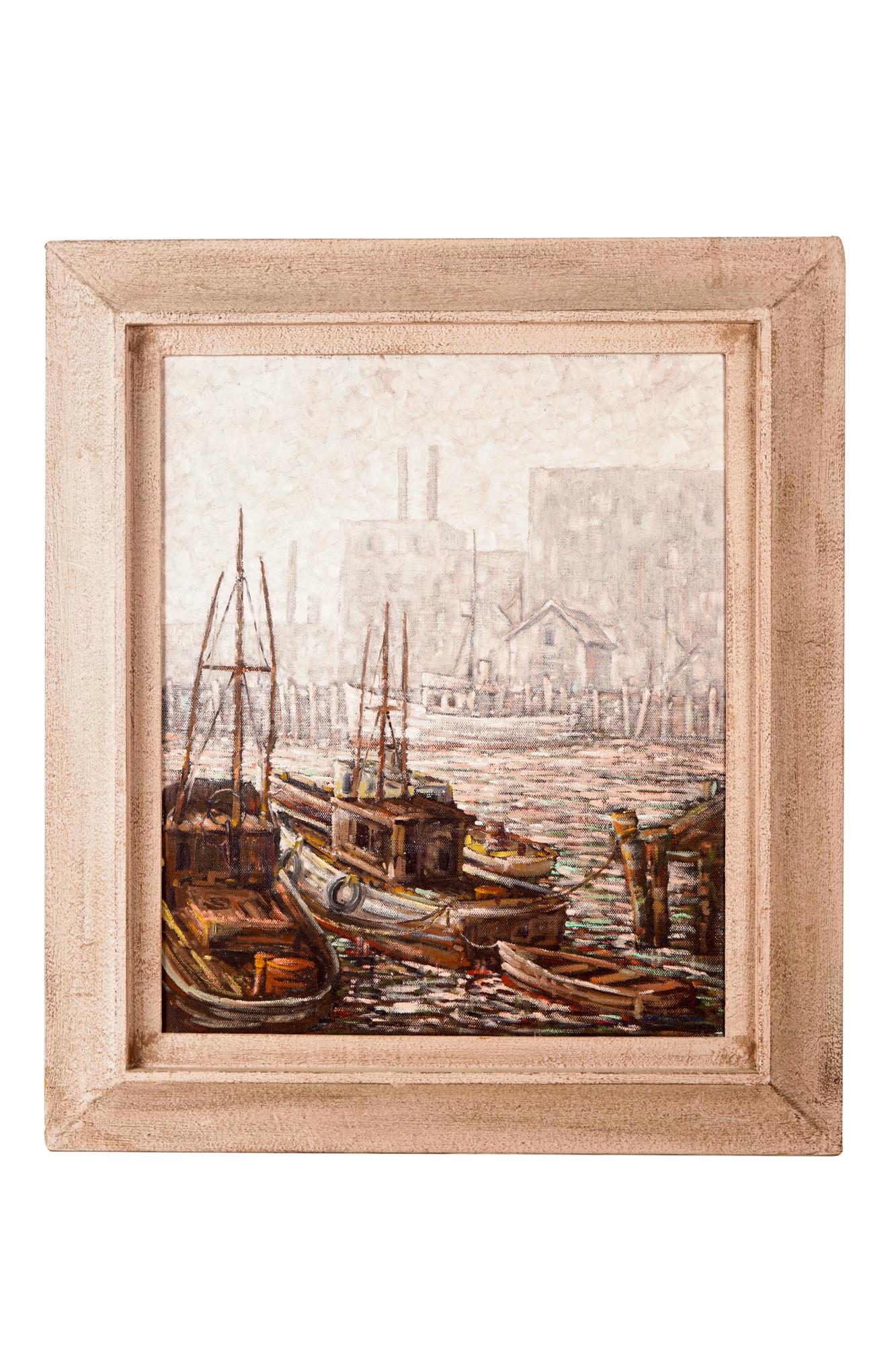 ROGER BUD UPTON (1900 - 1988): BOATS IN A HARBOR: oil on canvas signed lower right 24 x 20 inches canvas; 32 x 28 inche frame