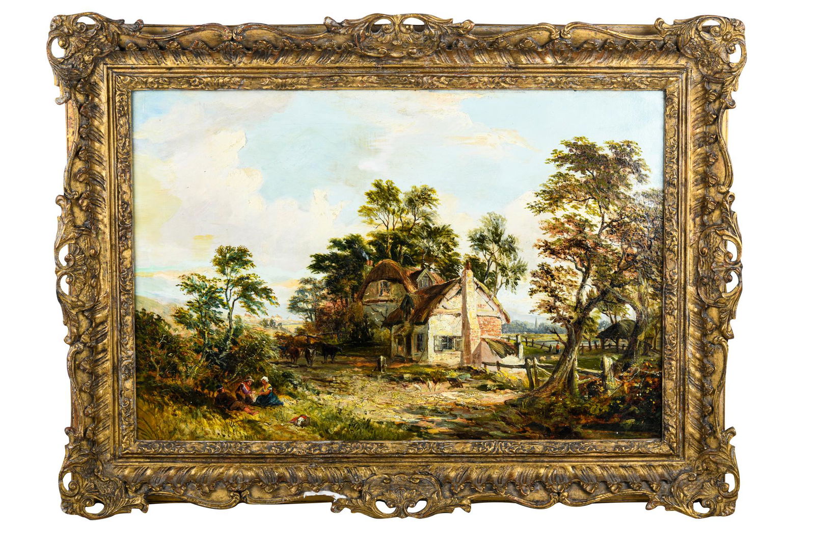 DAVID BATES (1840 - 1921): ENGLISH COTTAGE LANDSCAPE: oil on canvas signed lower left "David Bates R.A." Condition: with loss to frame on lower left side 20 1/4 x 30 inches canvas; 28 x 38 inches frame
