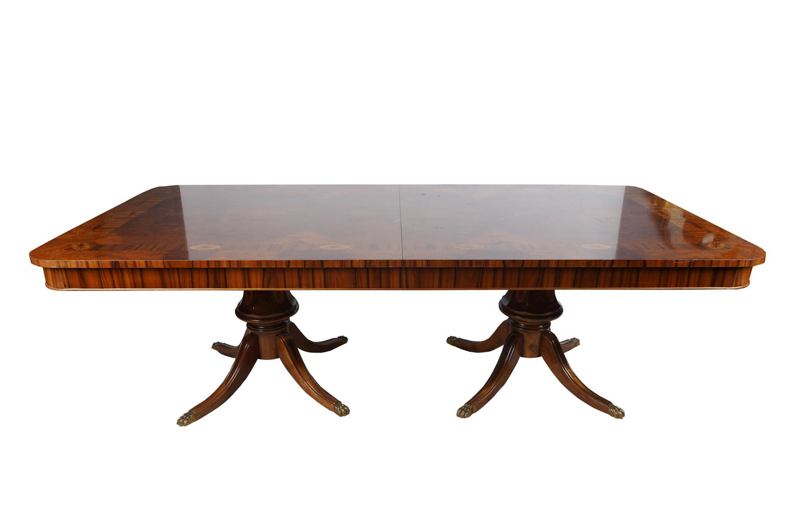 INLAID MAHOGANY DINING TABLE: with two leaves 99 inches wide; 47 inches deep32 inches high