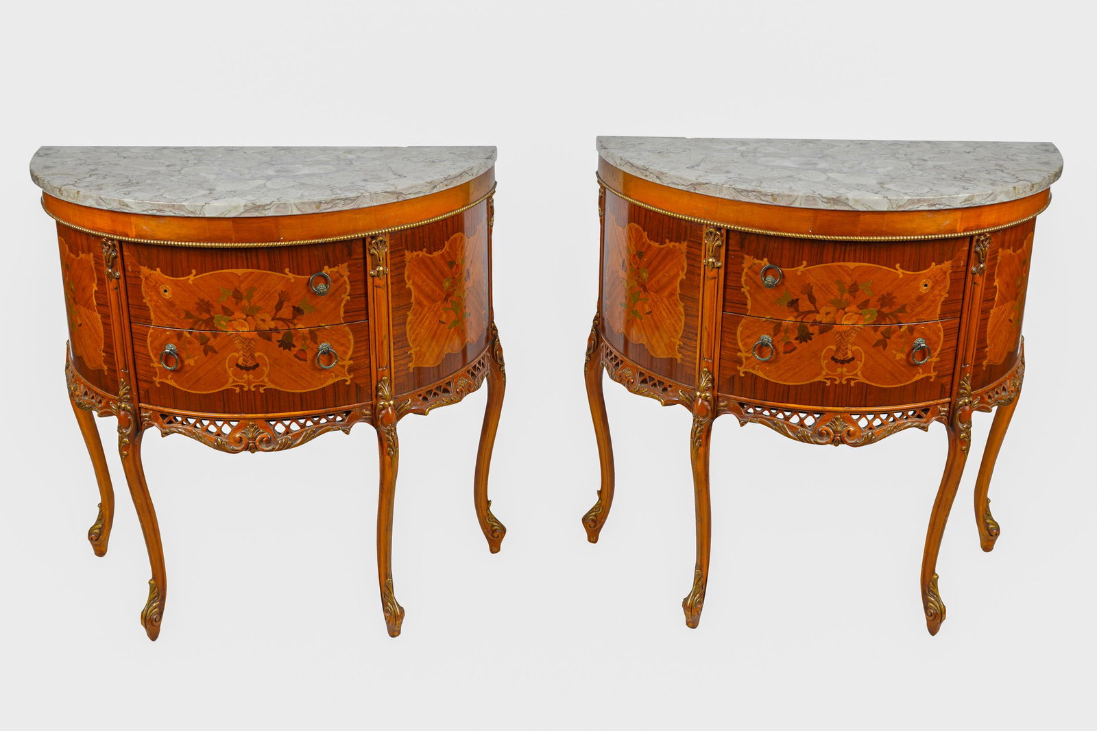 PAIR LOUIS XV STYLE MARQUETRY NIGHTSTANDS: each with demilune marble top over two drawers 31 inches wide; 15 inches deep; 30 1/4 inches high
