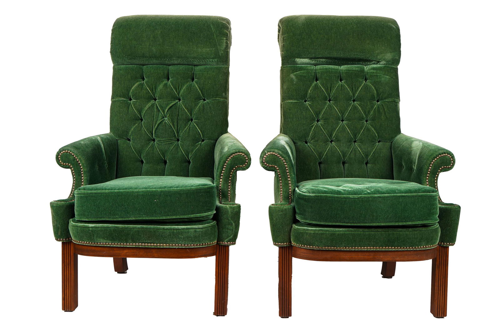 PAIR OF KITTINGER GREEN MOHAIR HIGH-BACK ARMCHAIRS: with removable seat cushions and studded upholstery 32 inches wide; 28 inches deep; 49 inches high