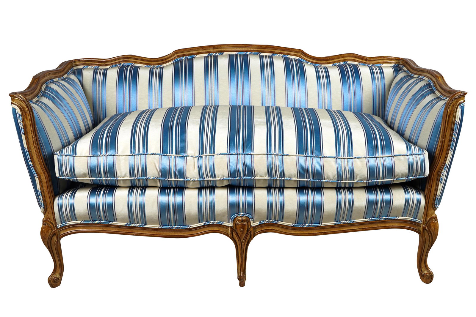FRENCH PROVINCIAL STYLE CANAPE: with loose seat cushion, covered in blue and white fabric 58 inches wide; 28 inches deep; 29 1/2 inches high