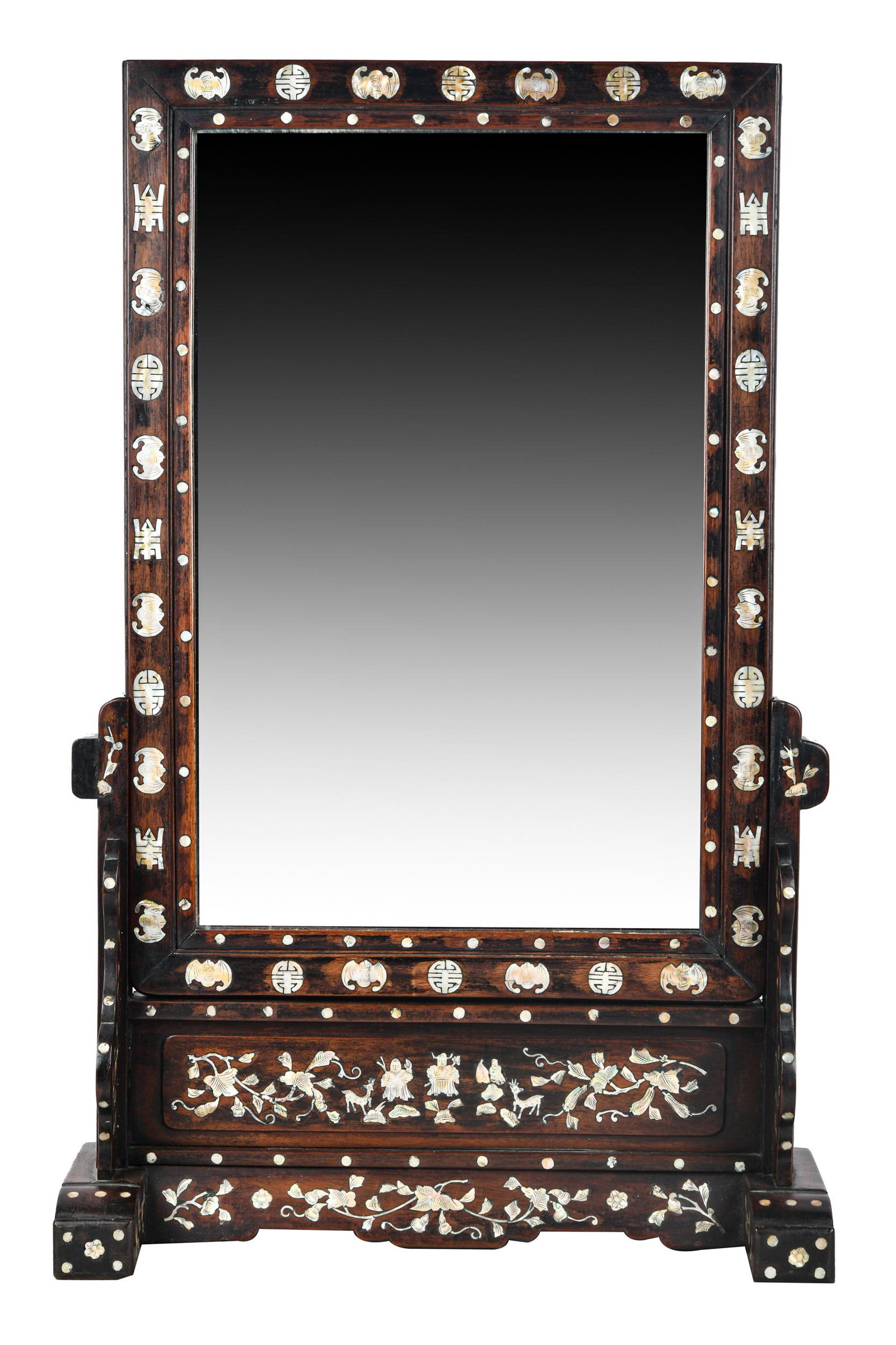 CHINESE MOTHER OF PEARL INLAID TABLE SCREEN: with mirror insert 30 3/4 x 20 inches