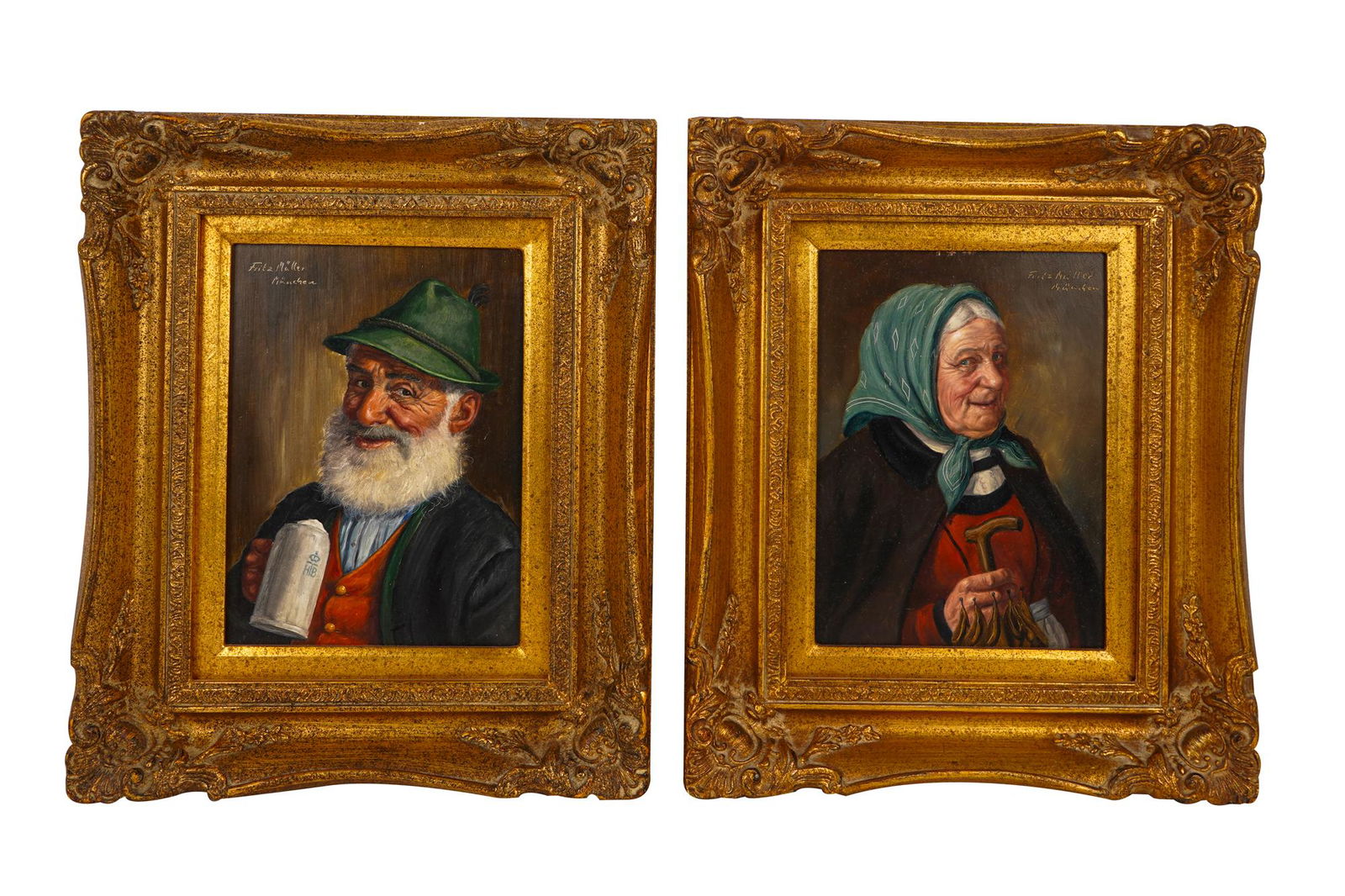 FRITZ MULLER FRITZ MULLER (1913 - 1972): PAIR OF: oil on panel each signed upper right or left each image: 8 3/4 x 6 1/2 inches; framed: 14 1/2 x 12 inches