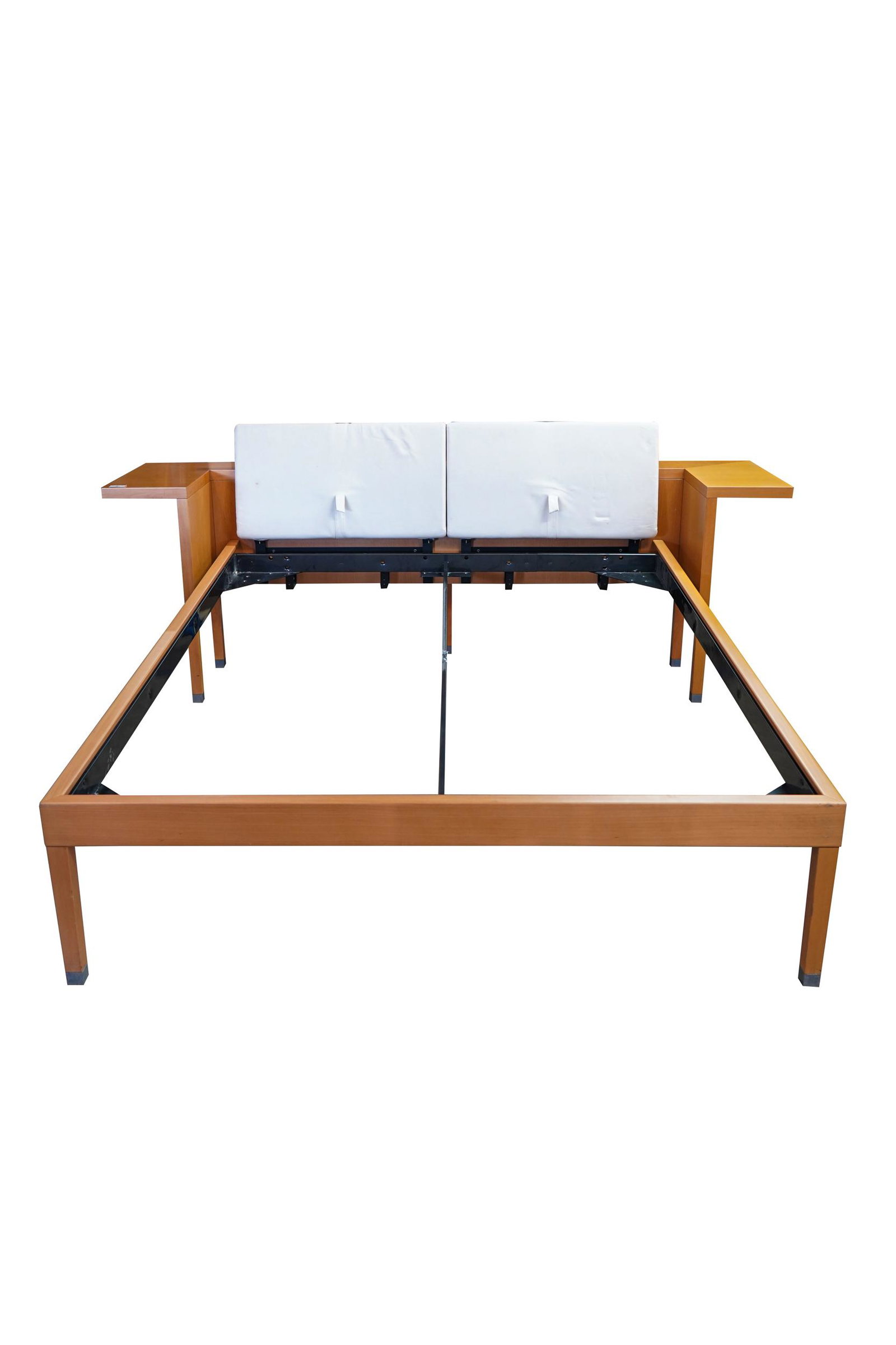 MODERN BLONDE WOOD CUSTOM BED: with built-in shelves and fabric-covered headboard Condition: good; scattered minor marks and scratches. Fabric with marks and stains. Interior dimesnisons: 62 1/2 inches wide x 78 1/2 inches deep (fi