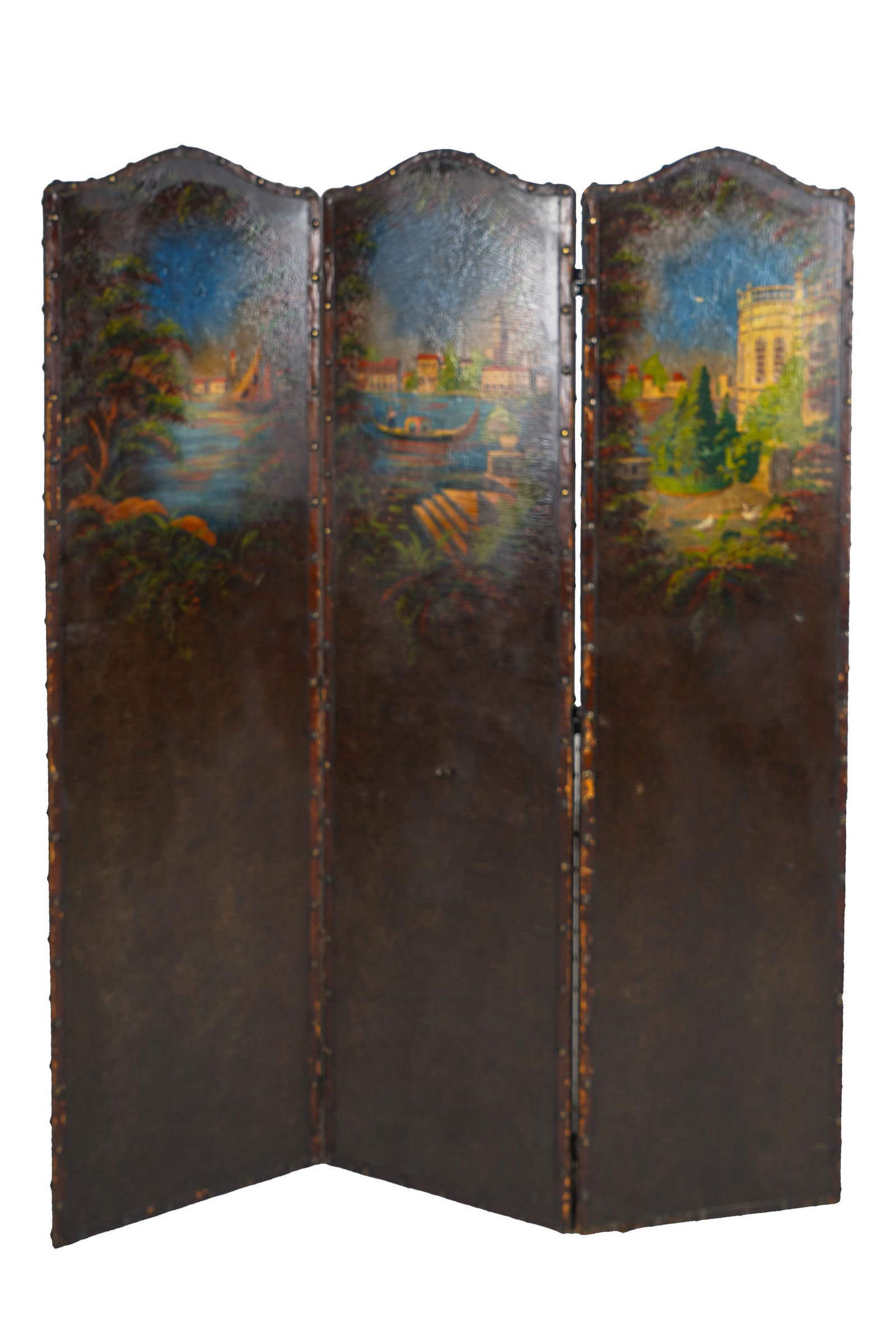 THREE PANEL PAINTED LEATHER SCREEN (1 of 9)