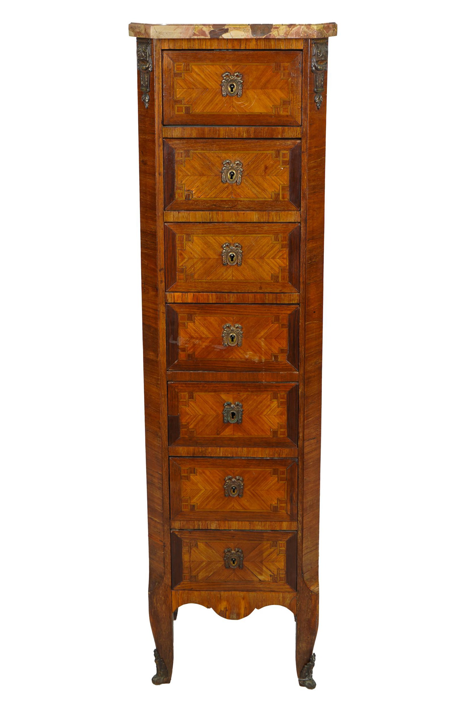 LOUIS XV TYLE SEMAINIER: with marble top 14 inches wide; 11 inches deep; 51 inches high