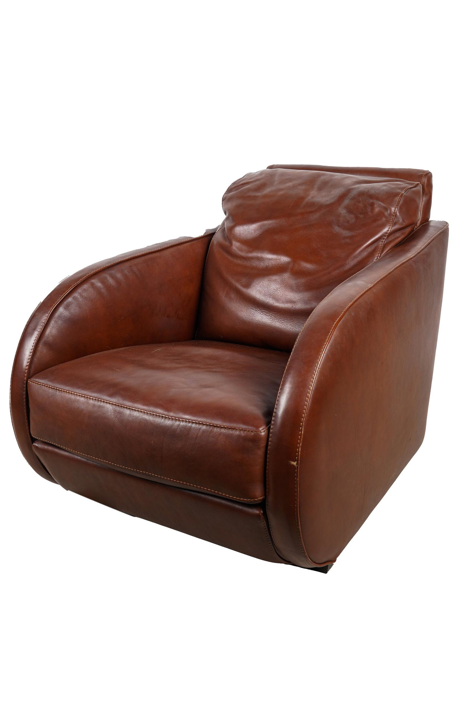 ROCHE BOBOIS LEATHER CLUB CHAIR: Condition: slight scuffs and scratches to leather, to front left scrolled arm; removable cushions 30 inches wide; 38 inches deep; 30 inches high