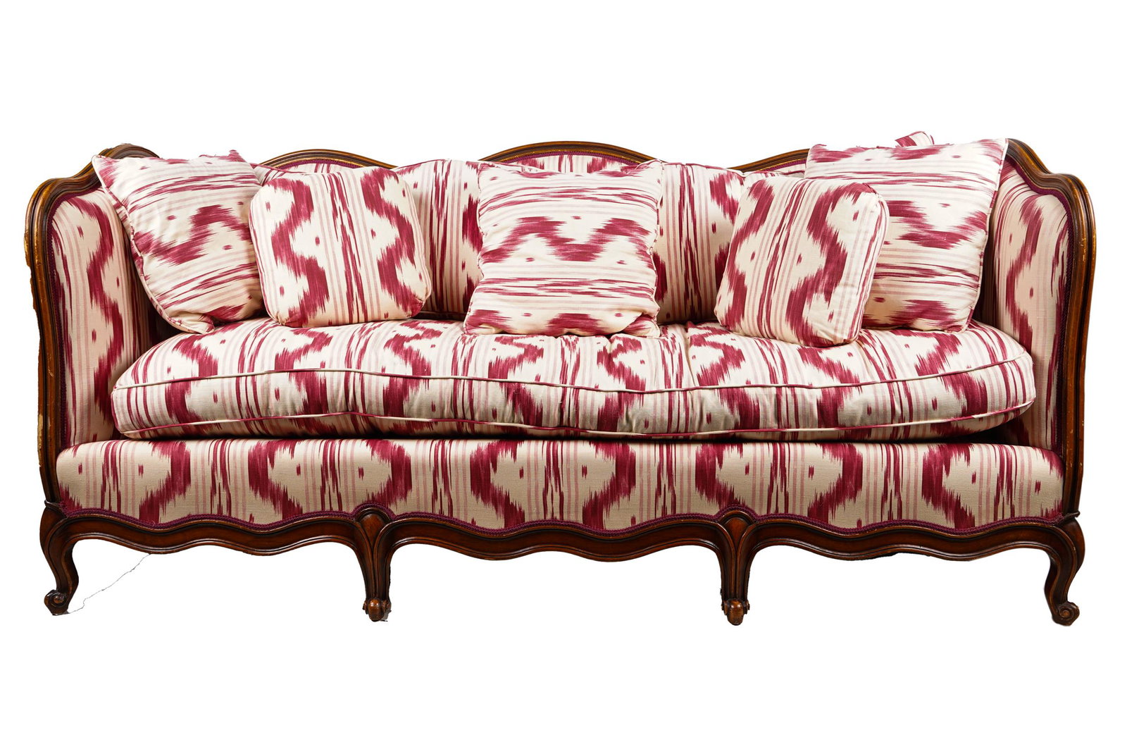 FRENCH PROVINCIAL CANAPE: with lose seat cushion, back cushions and throw pillows 77 inches wide; 36 inches deep; 36 1/2 inches high