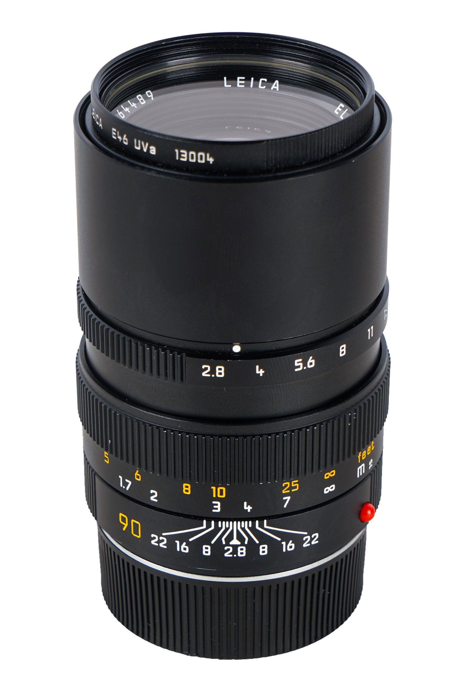 LEICA 90MM F/2.8 ELMARIT LENS: M-Mount lens, includes original lens pouch Condition: Lens is in good condition, no visible scratches or scuffs to glass elements or lens body, no visible signs of moisture in glass elements. Both adj