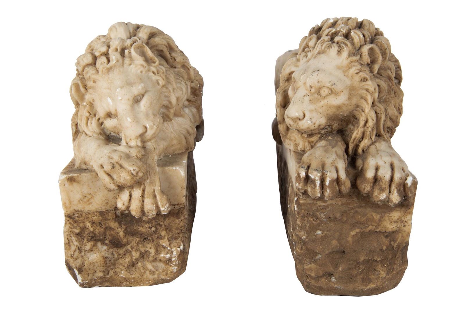 PAIR OF RECLINING MARBLE LIONS (1 of 8)