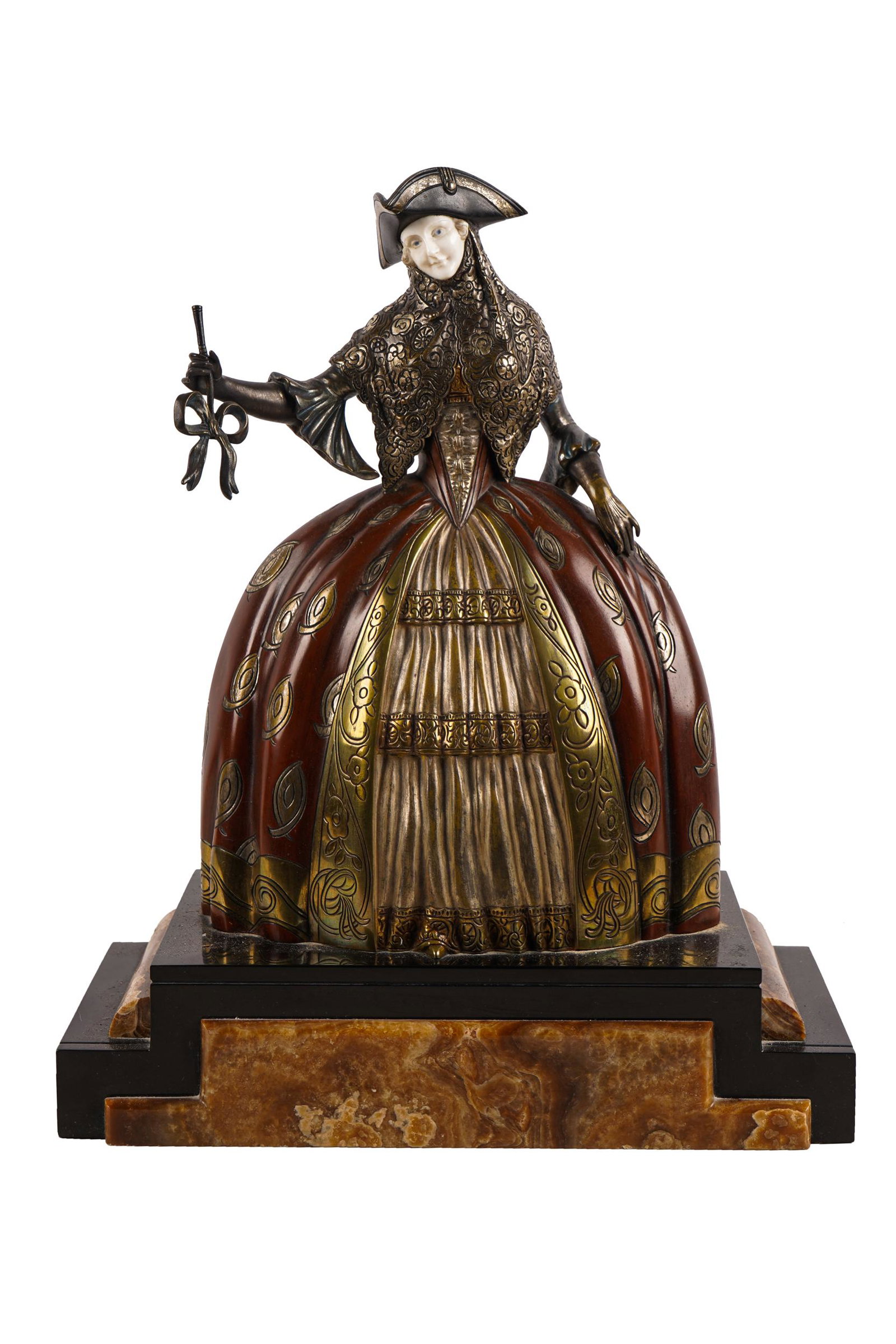 EDOUARD LORMIER: FRENCH DECO WOMAN: on a slate and onyx base bronze: 13 inches high: base: 13 1/2 inches wide; 6 1/2 inches deep; 3 inches high