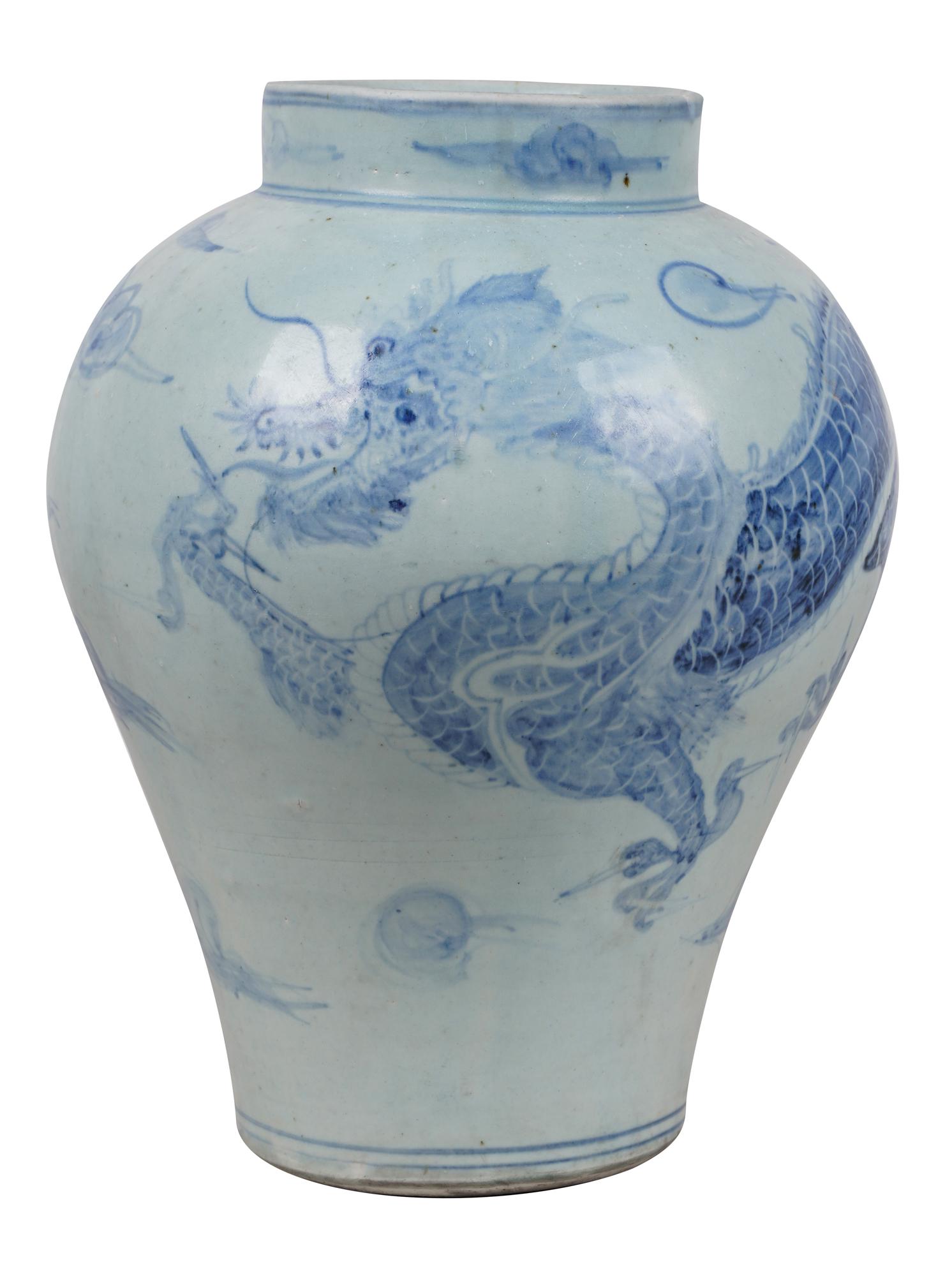 KOREAN BLUE & WHITE PORCELAIN DRAGON JAR: Condition: a few areas of pitting and discoloration to glaze, commensurate with age and nature of glaze 13 inches high